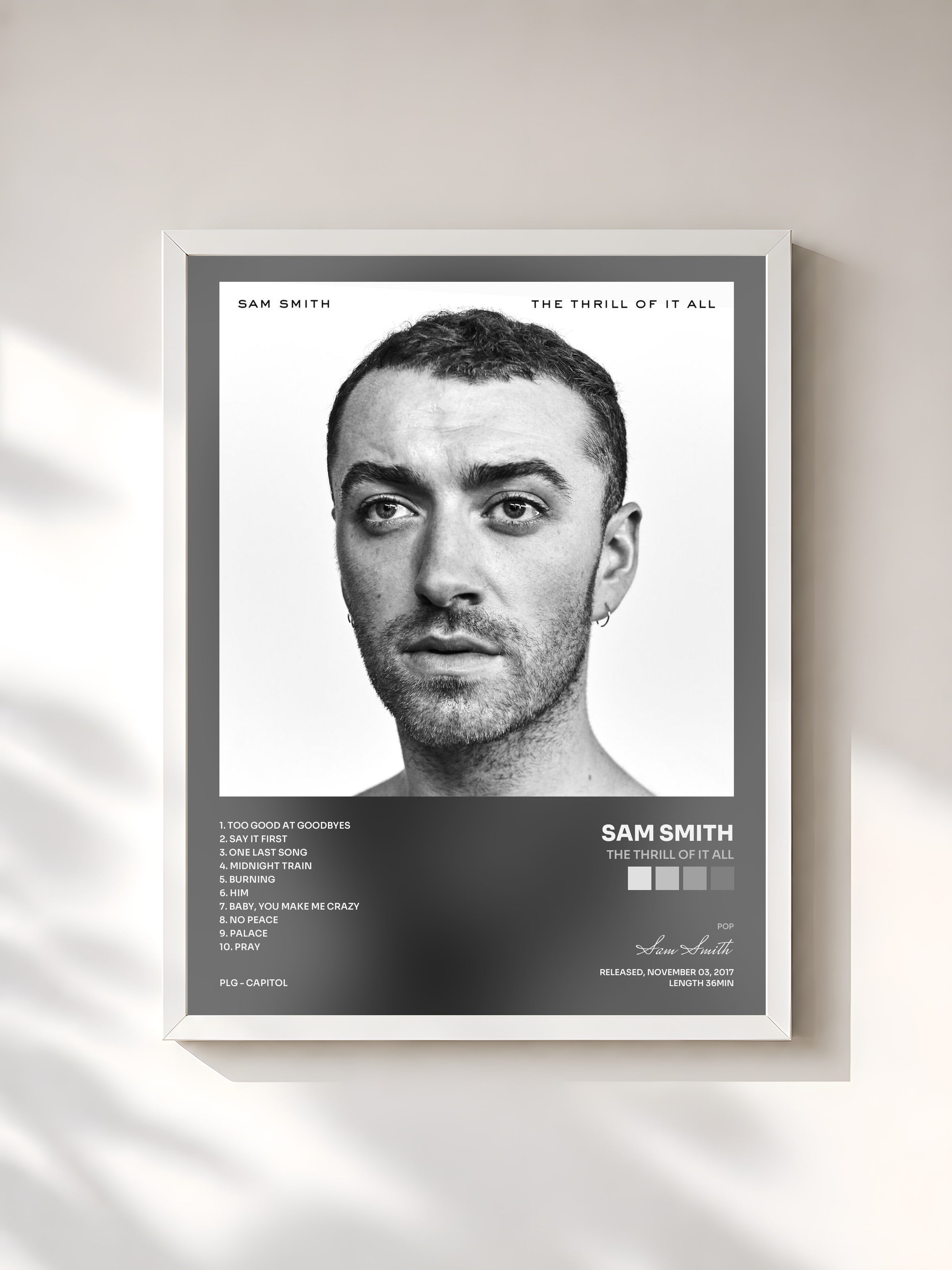 #blanc Tableau de l'album The Thrill Of It All de Sam Smith, cadre blanc, imprimé et encadré en France