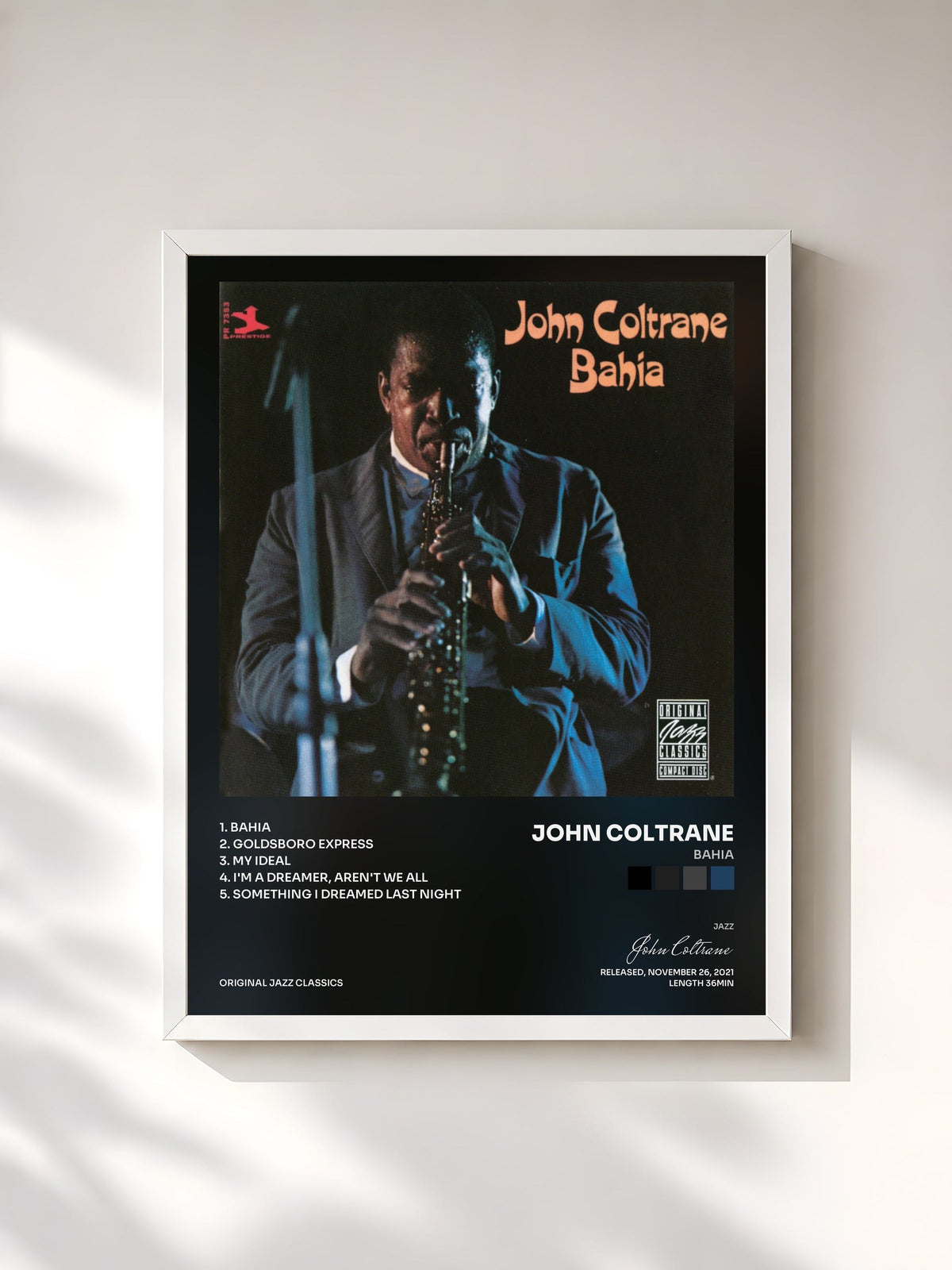 #blanc Tableau de l'album Bahia de John Coltrane, cadre blanc, imprimé et encadré en France