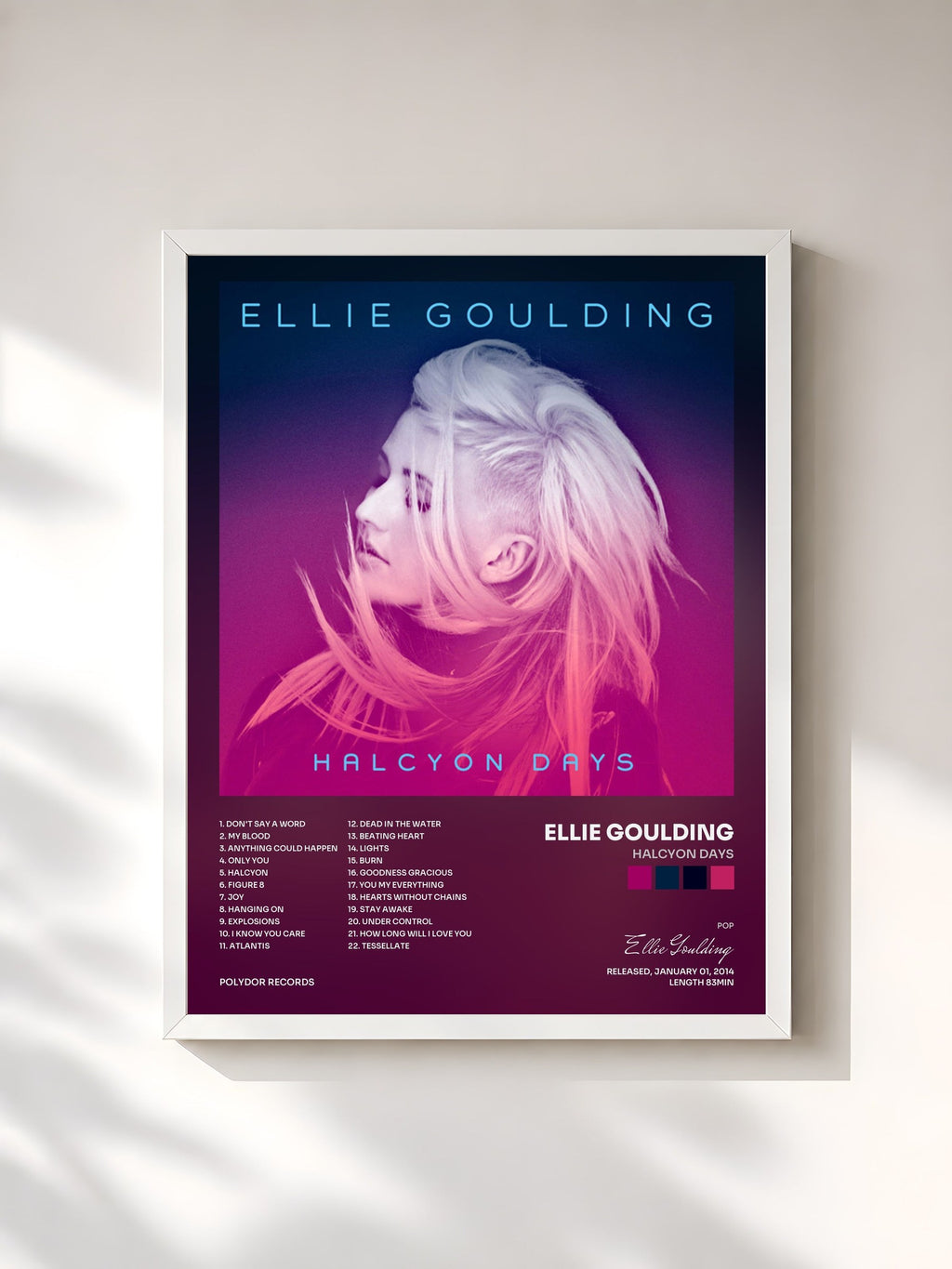 #blanc Tableau de l'album Halcyon Days de Ellie Goulding, cadre blanc, imprimé et encadré en France