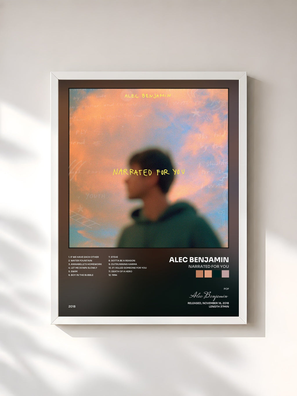 #blanc Tableau de l'album Narrated For You de Alec Benjamin, cadre blanc, imprimé et encadré en France
