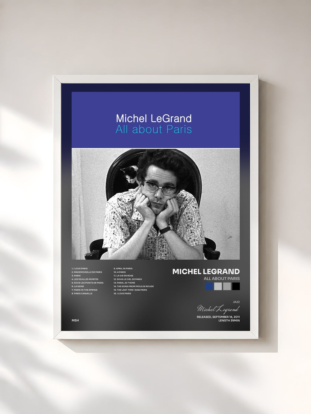 #blanc Tableau de l'album All About Paris de Michel Legrand, cadre blanc, imprimé et encadré en France