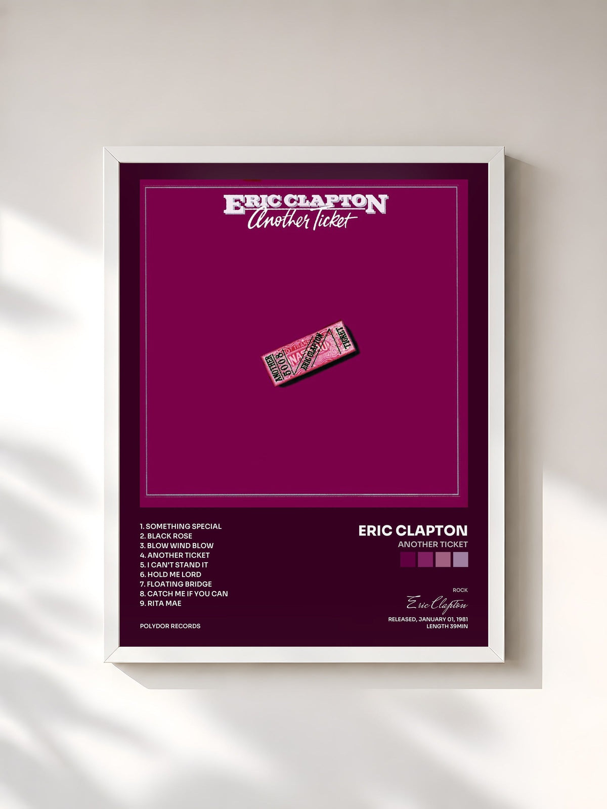 #blanc Another Ticket di Eric Clapton in stampa incorniciata, cornice bianca, stampata e incorniciata in Francia