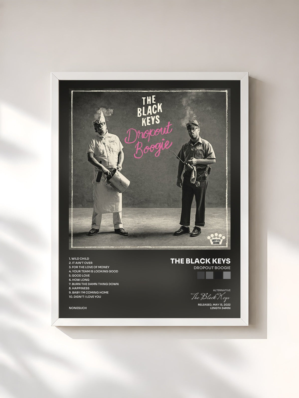#blanc Tableau de l'album Dropout Boogie de The Black Keys, cadre blanc, imprimé et encadré en France