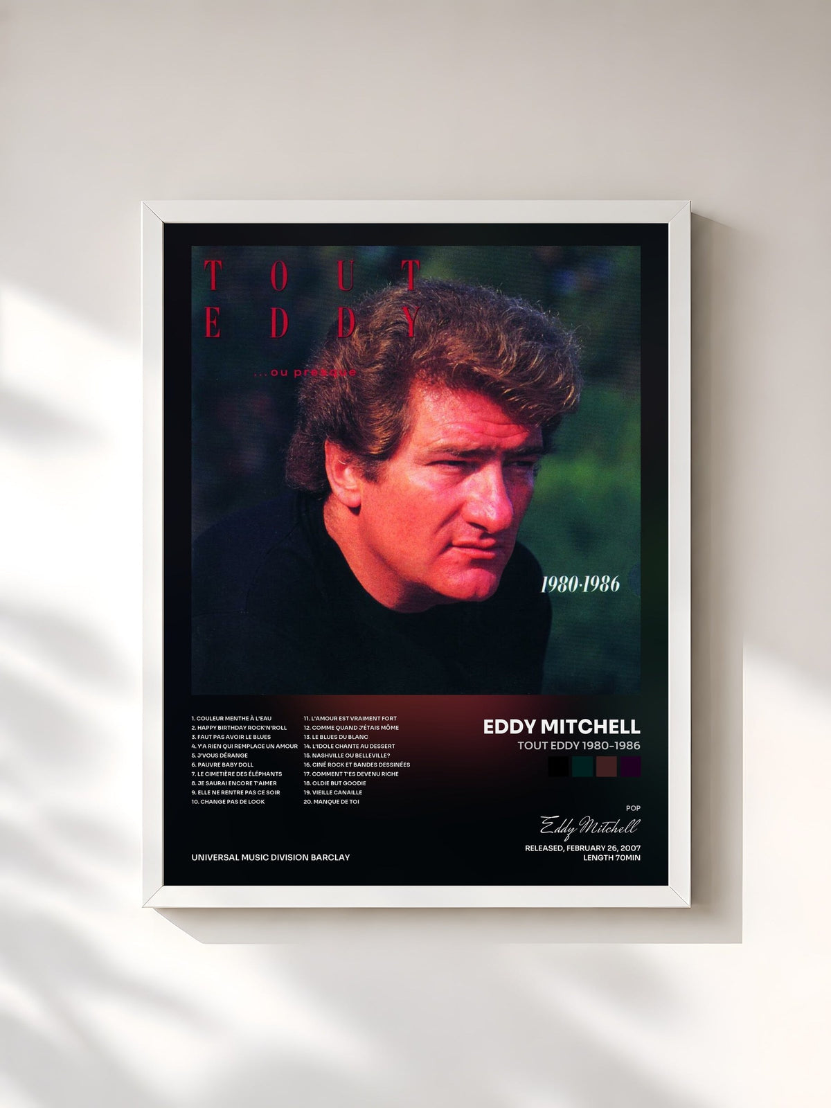 #blanc Tableau de l'album Tout Eddy 1980-1986 de Eddy Mitchell, cadre blanc, imprimé et encadré en France