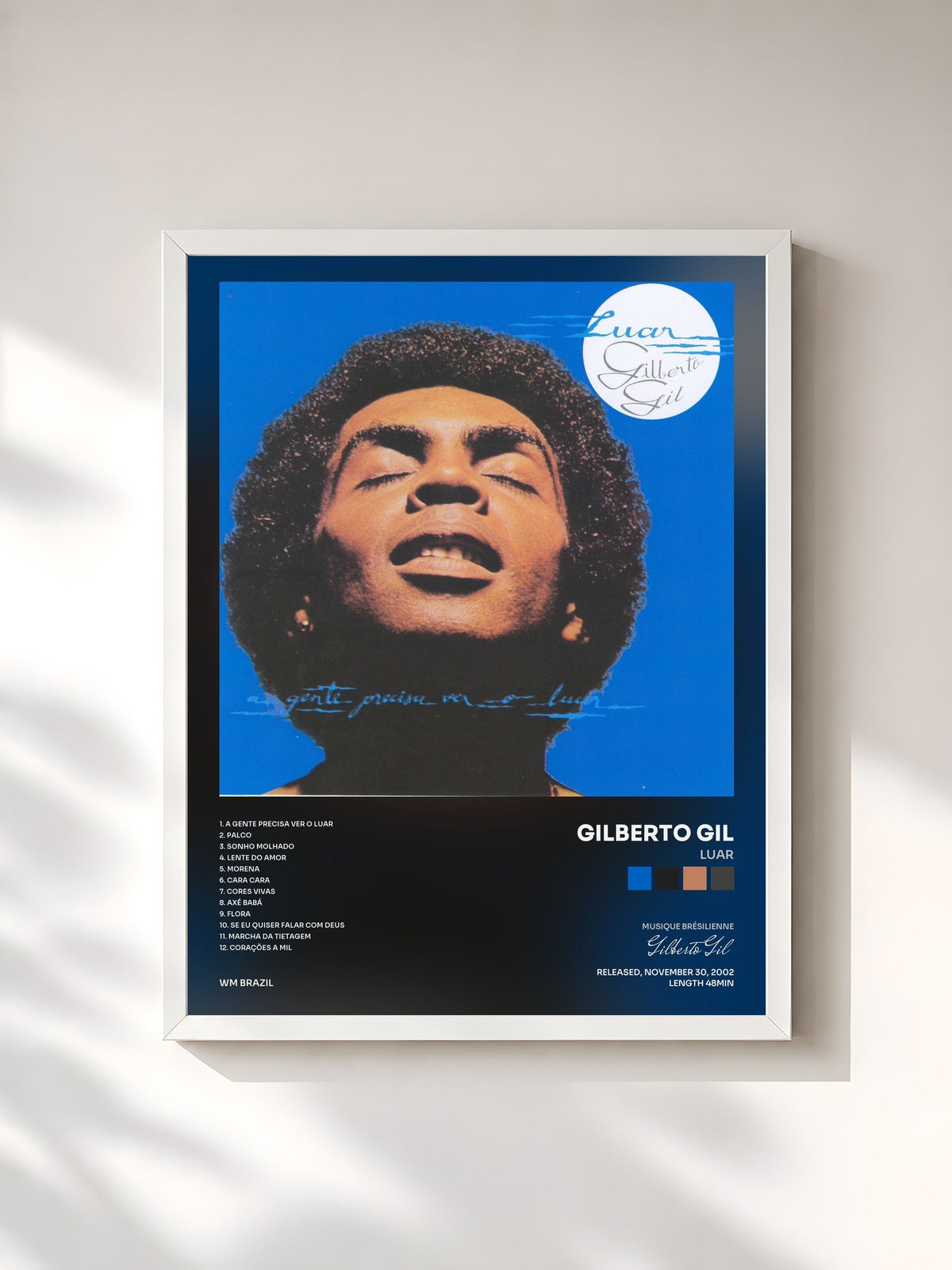 #blanc Tableau de l'album Luar de Gilberto Gil, cadre blanc, imprimé et encadré en France