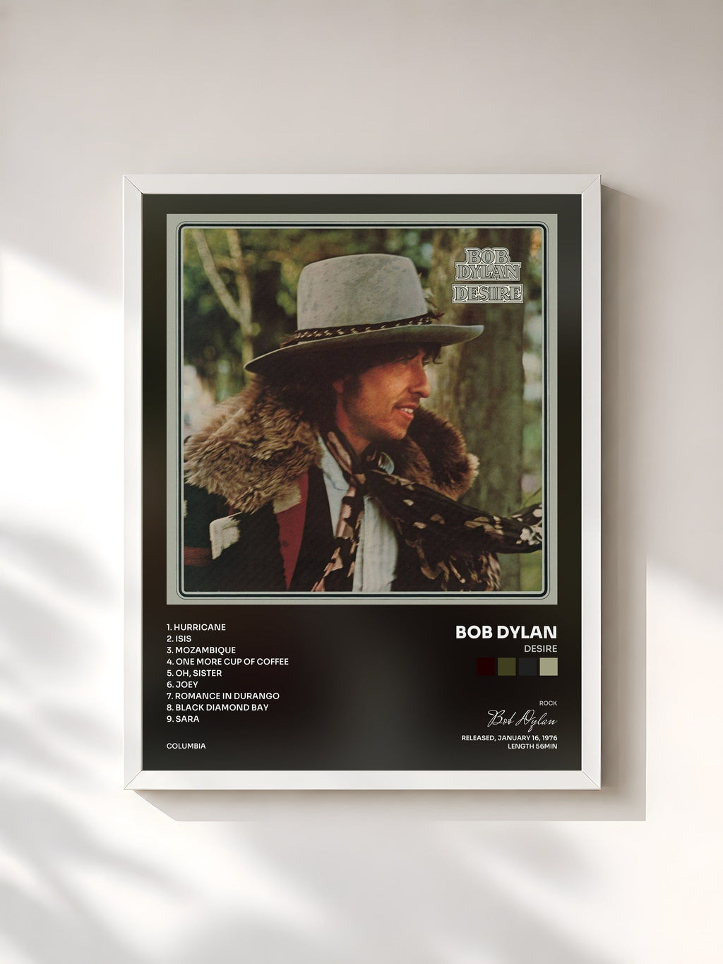 #blanc Desire di Bob Dylan in stampa incorniciata, cornice bianca, stampata e incorniciata in Francia