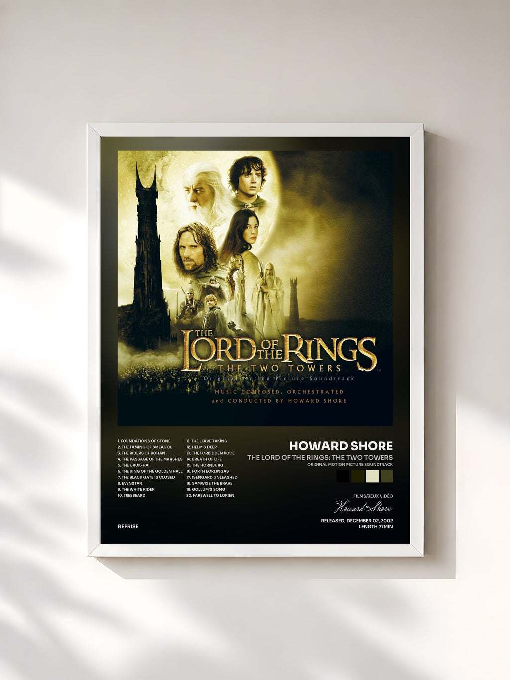 #blanc Tableau de l'album The Lord of the Rings: The Two Towers (Original Motion Picture Soundtrack) de Howard Shore, cadre blanc, imprimé et encadré en France