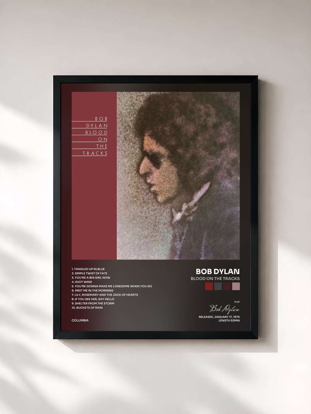#noir Blood On The Tracks von Bob Dylan als gerahmter Kunstdruck, schwarzer Rahmen, gedruckt und gerahmt in Frankreich