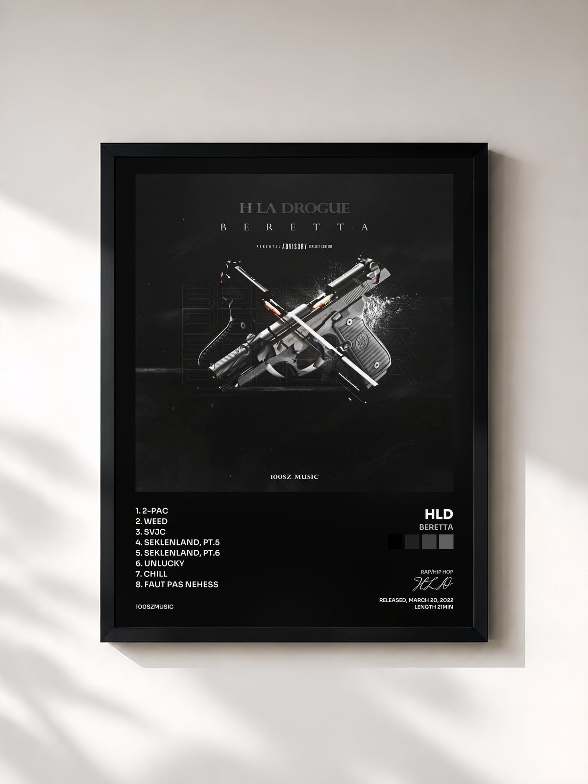 #noir Tableau de l'album Beretta de HLD, cadre noir, imprimé et encadré en France