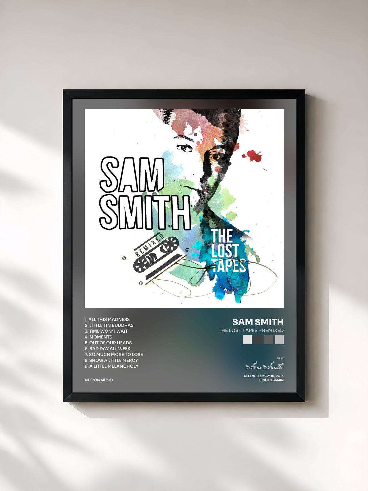 #noir Tableau de l'album The Lost Tapes - Remixed de Sam Smith, cadre noir, imprimé et encadré en France