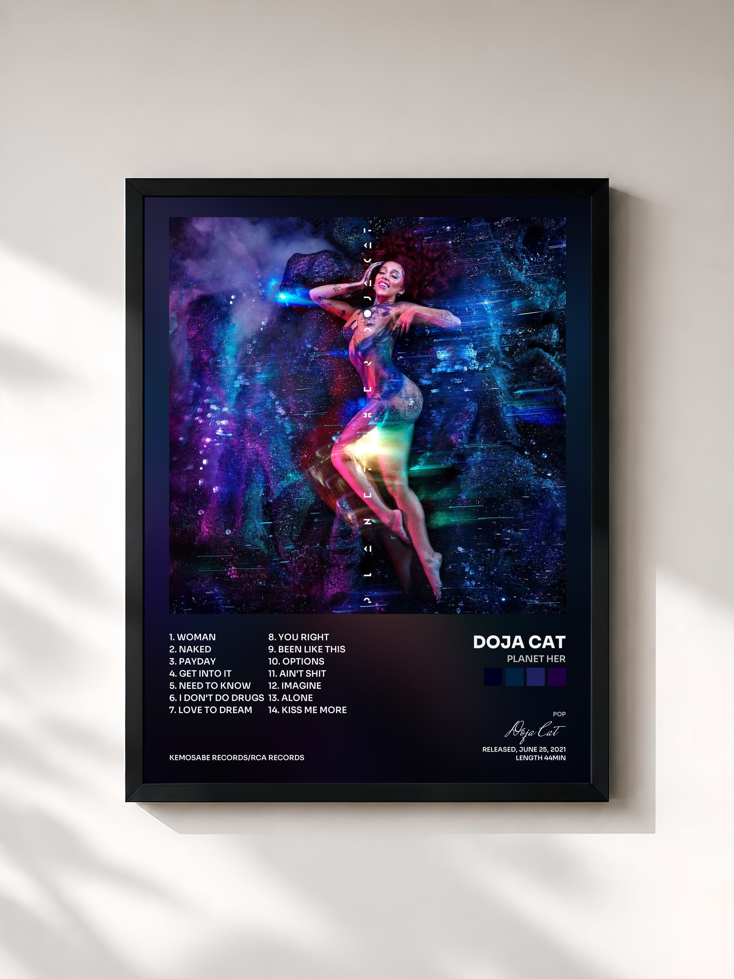 #noir Planet Her by Doja Cat as a framed art print, black frame, printed and framed in France