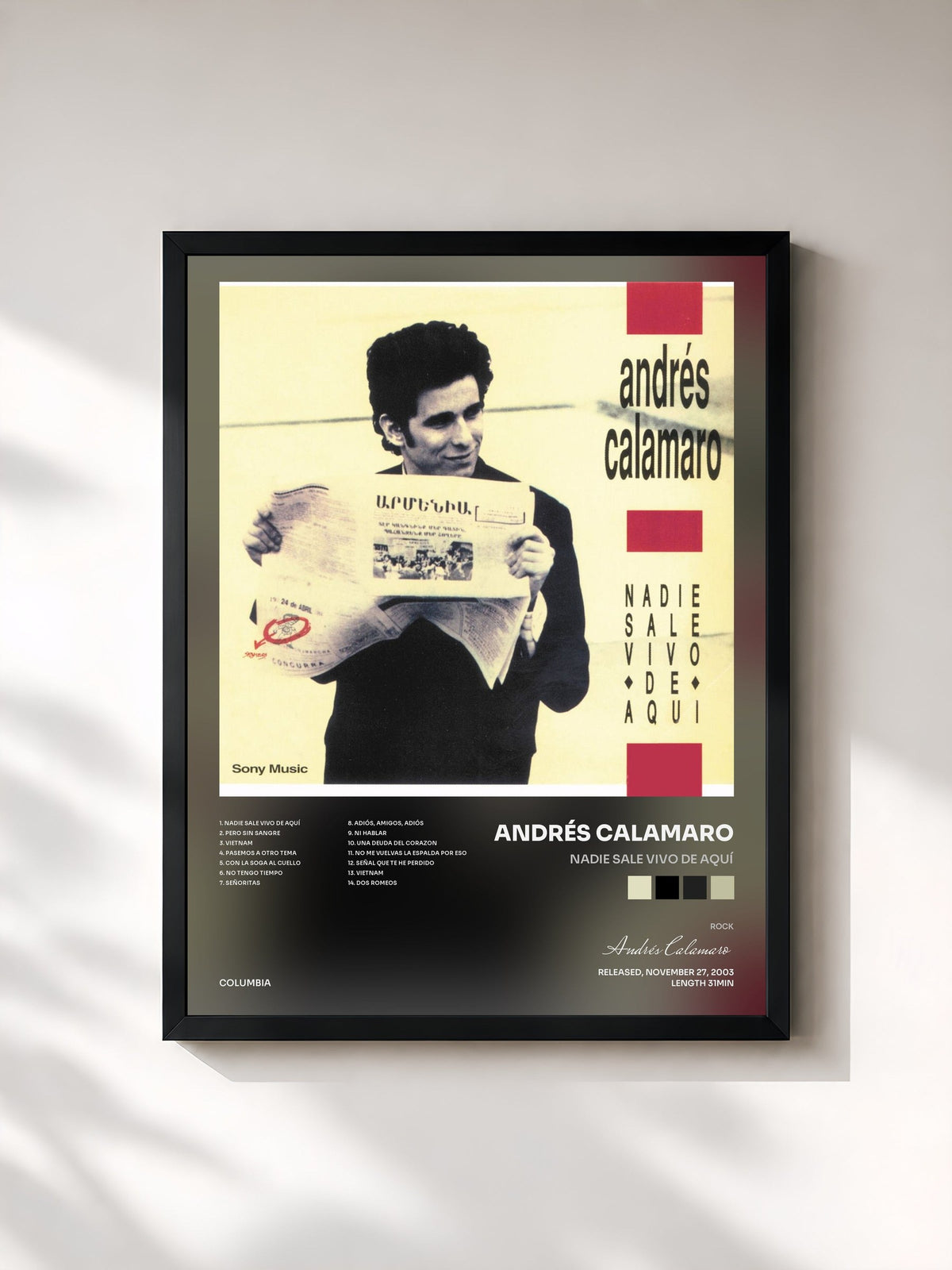 #noir Tableau de l'album Nadie Sale Vivo de Aquí de Andrés Calamaro, cadre noir, imprimé et encadré en France