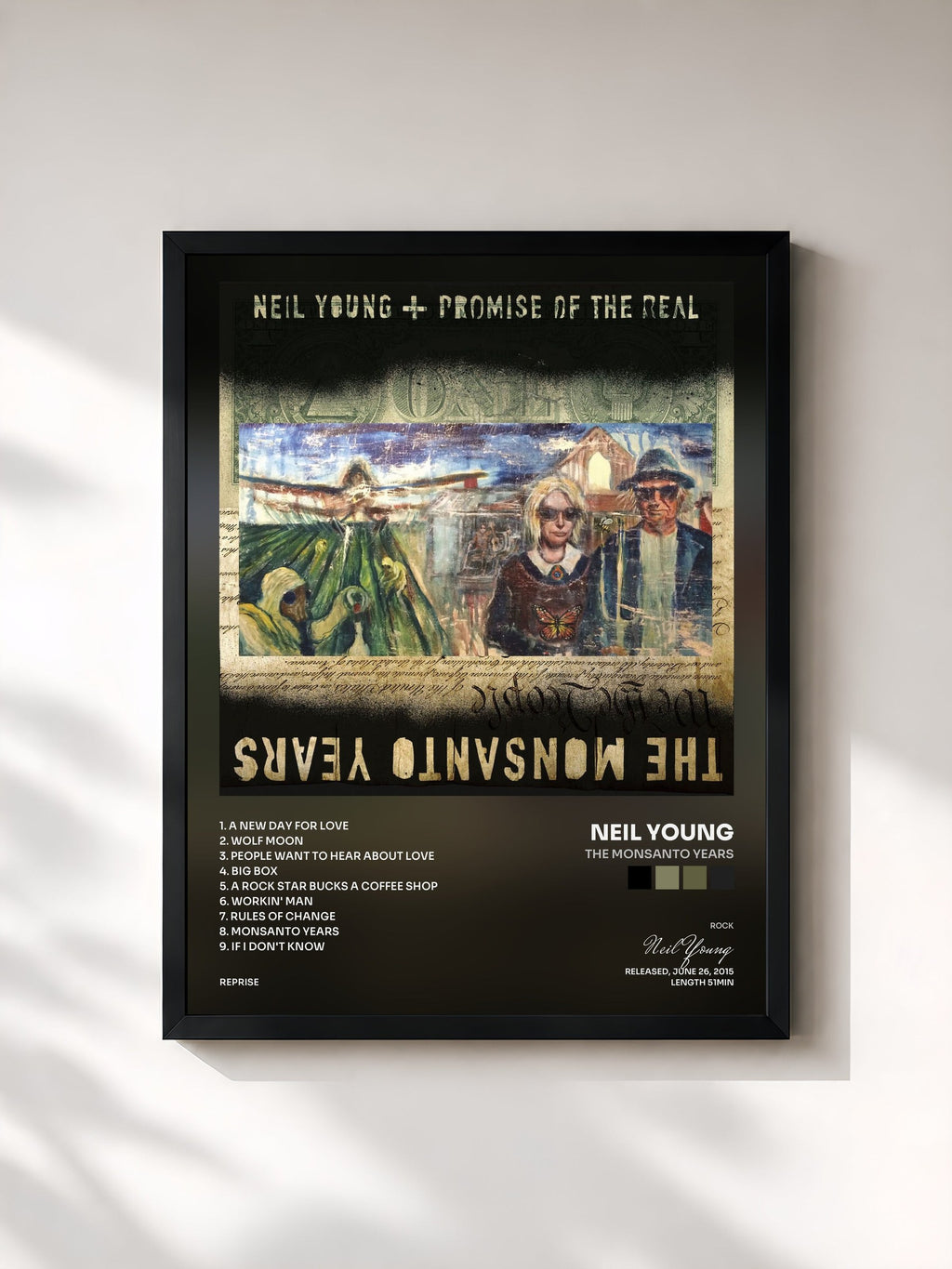 #noir Tableau de l'album The Monsanto Years de Neil Young, cadre noir, imprimé et encadré en France
