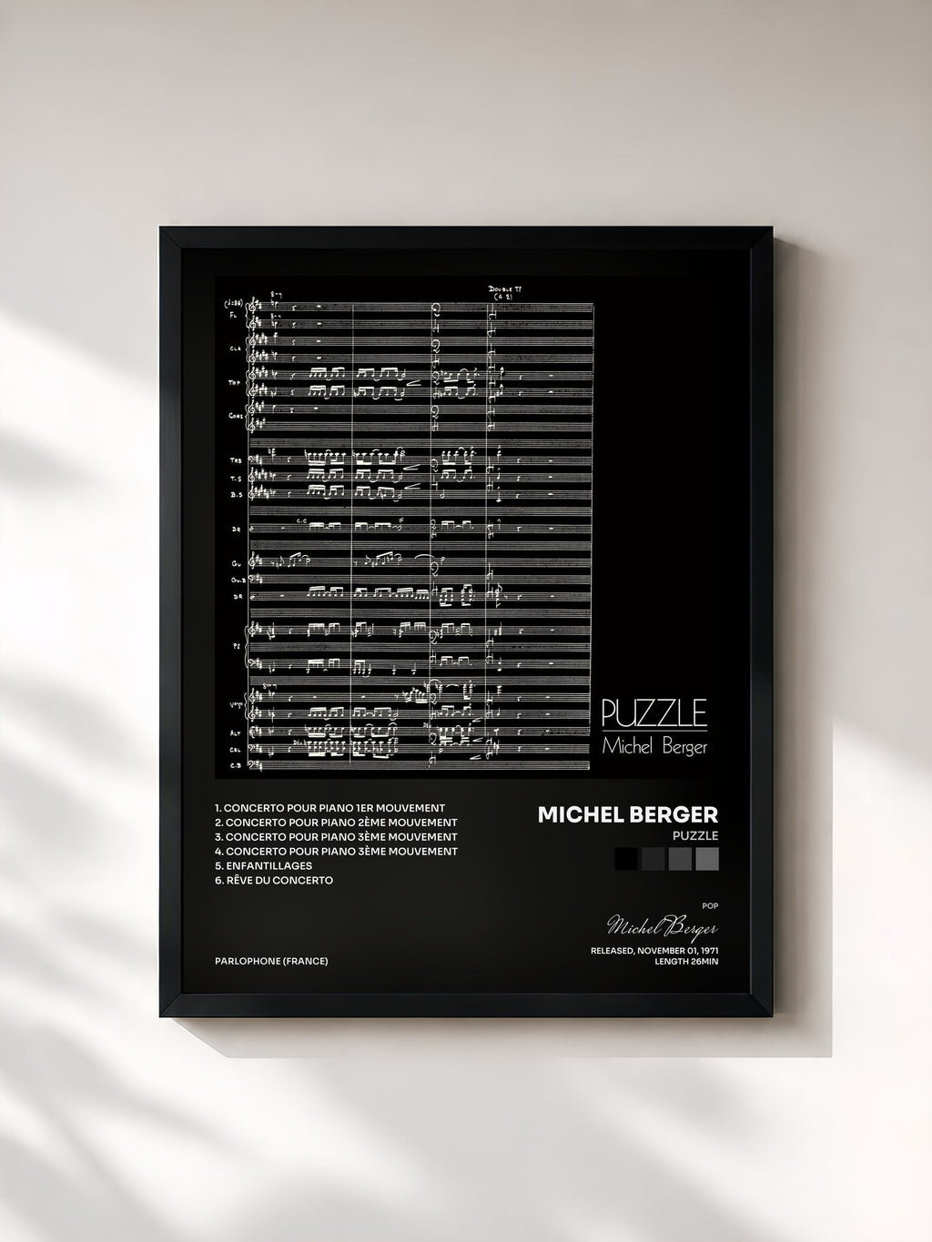 #noir Tableau de l'album Puzzle de Michel Berger, cadre noir, imprimé et encadré en France