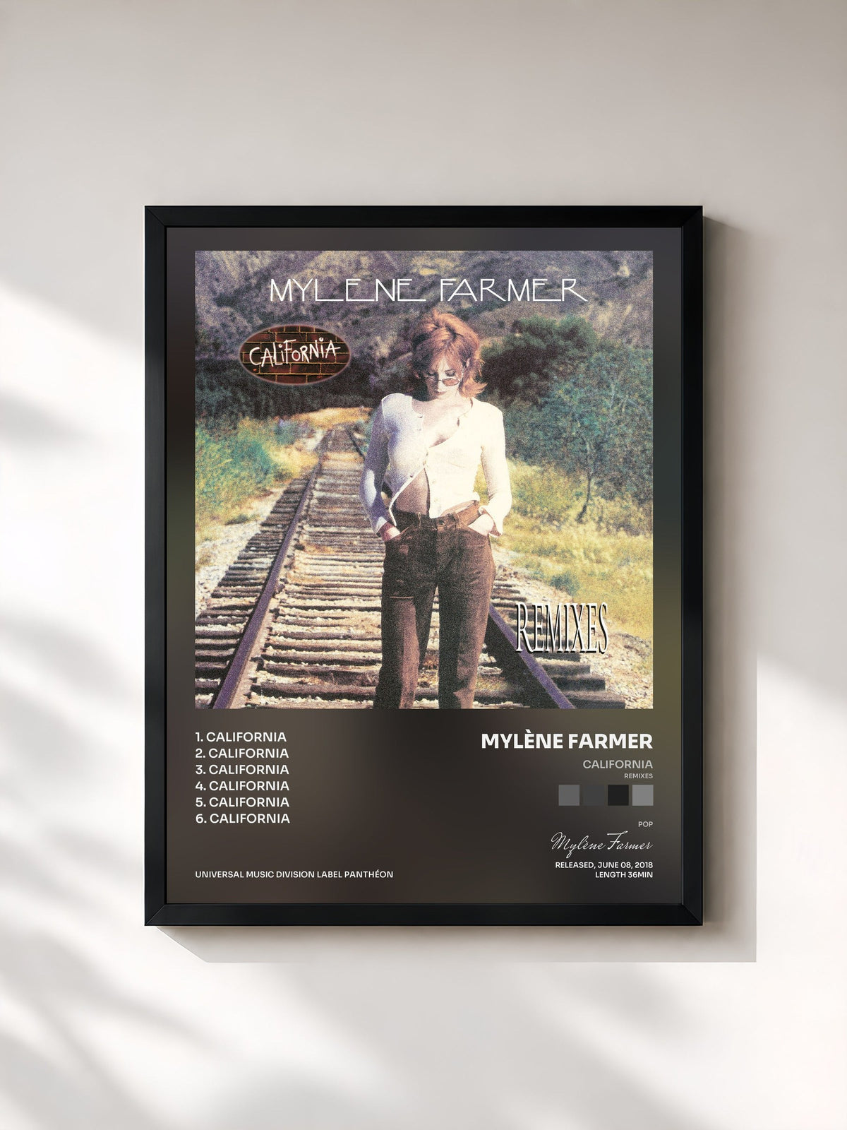 #noir Tableau de l'album California (Remixes) de Mylène Farmer, cadre noir, imprimé et encadré en France