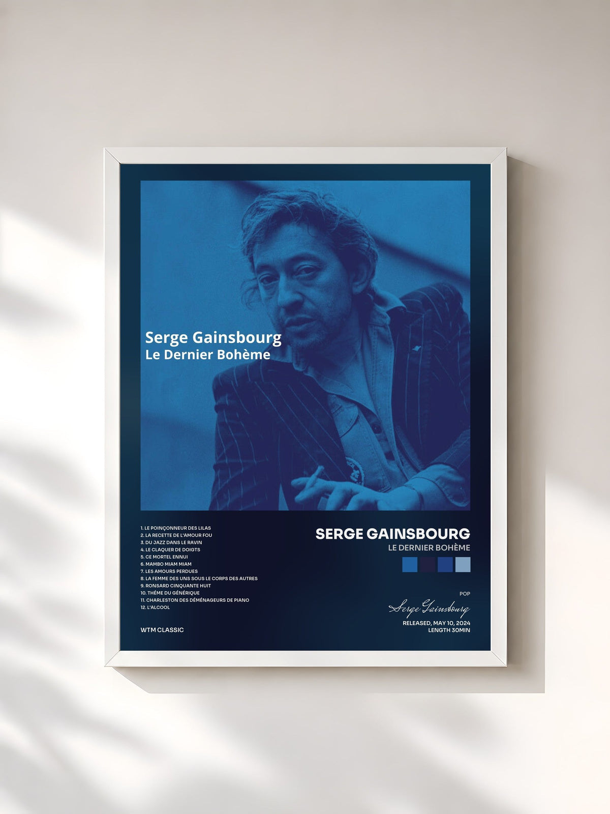 #blanc Tableau de l'album Le Dernier Bohème de Serge Gainsbourg, cadre blanc, imprimé et encadré en France