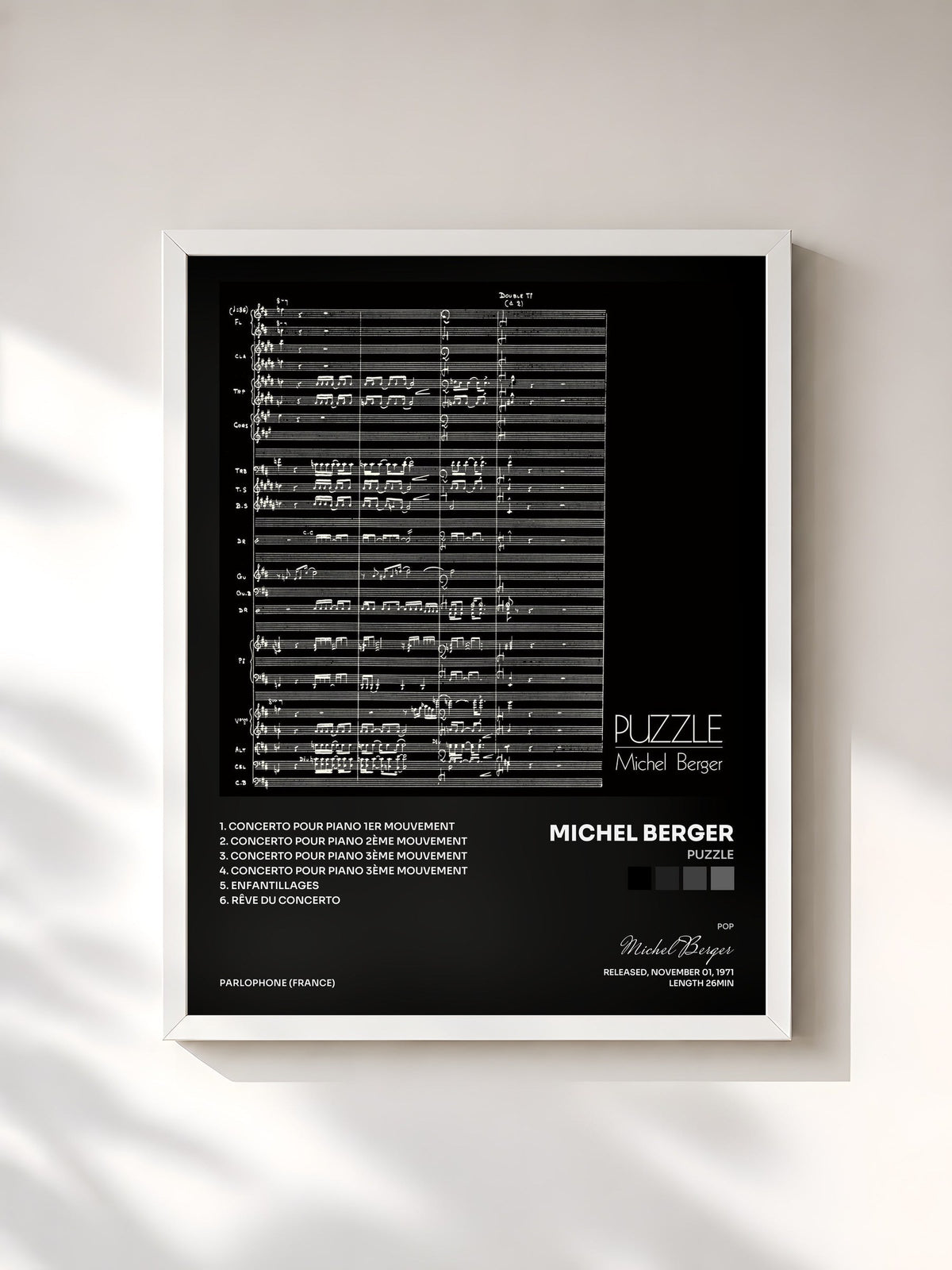 #blanc Tableau de l'album Puzzle de Michel Berger, cadre blanc, imprimé et encadré en France