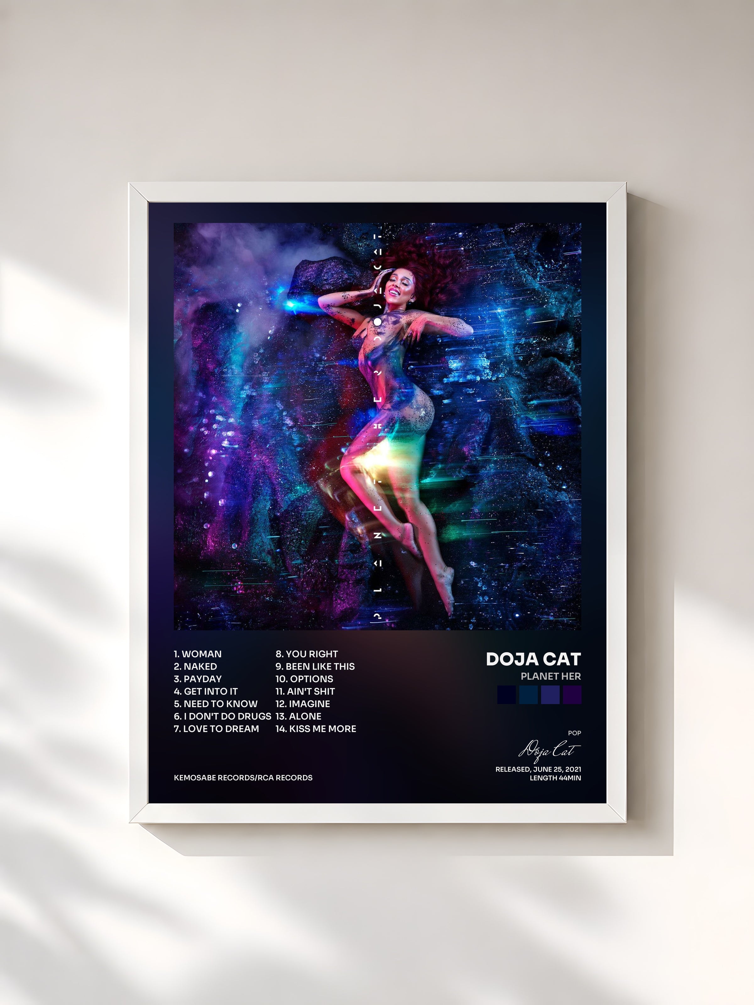 #blanc Planet Her by Doja Cat as a framed art print, white frame, printed and framed in France