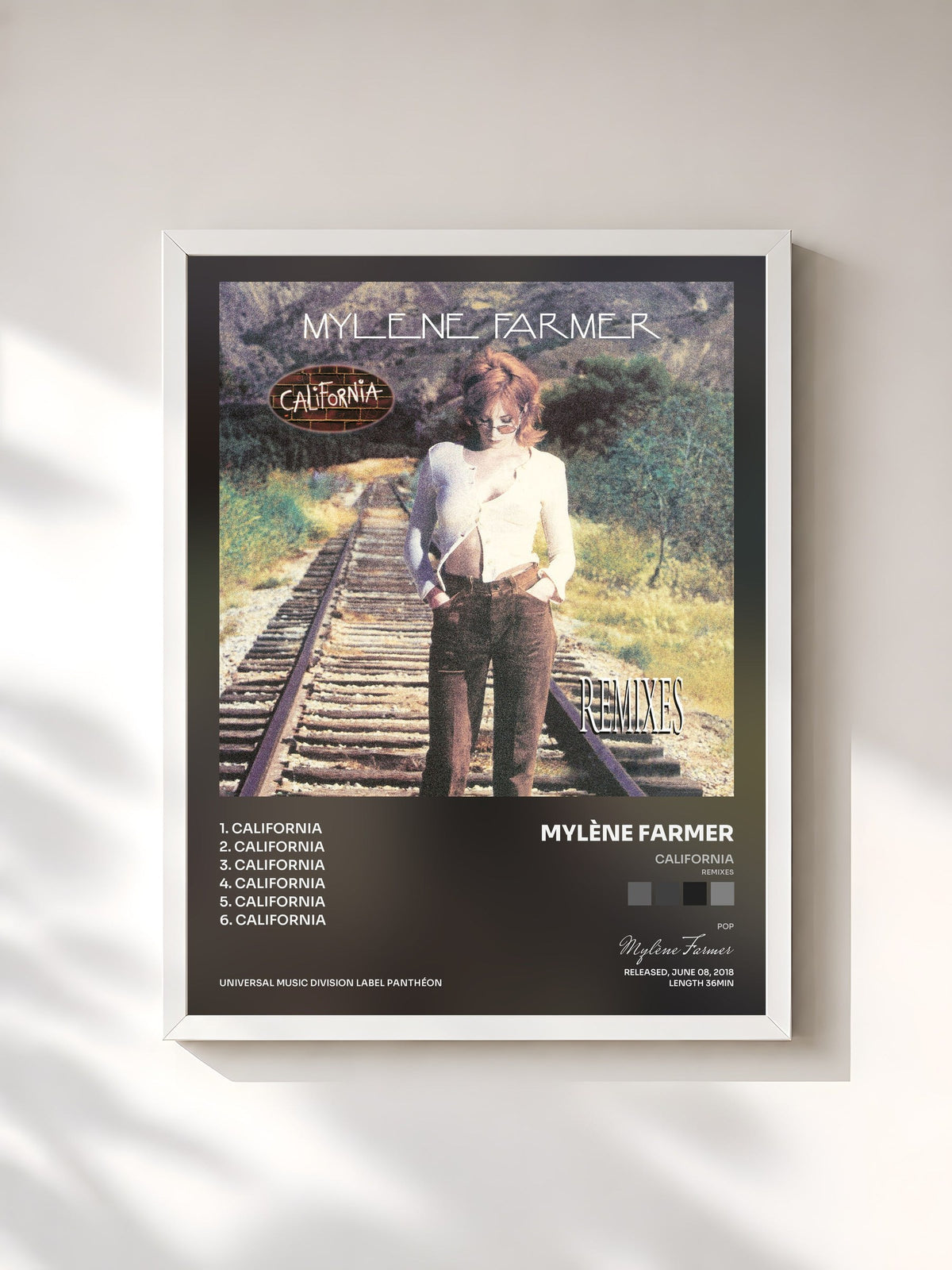 #blanc Tableau de l'album California (Remixes) de Mylène Farmer, cadre blanc, imprimé et encadré en France