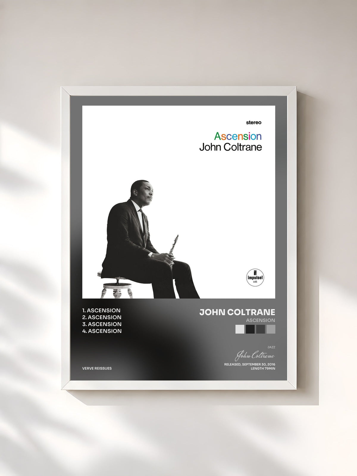 #blanc Tableau de l'album Ascension de John Coltrane, cadre blanc, imprimé et encadré en France