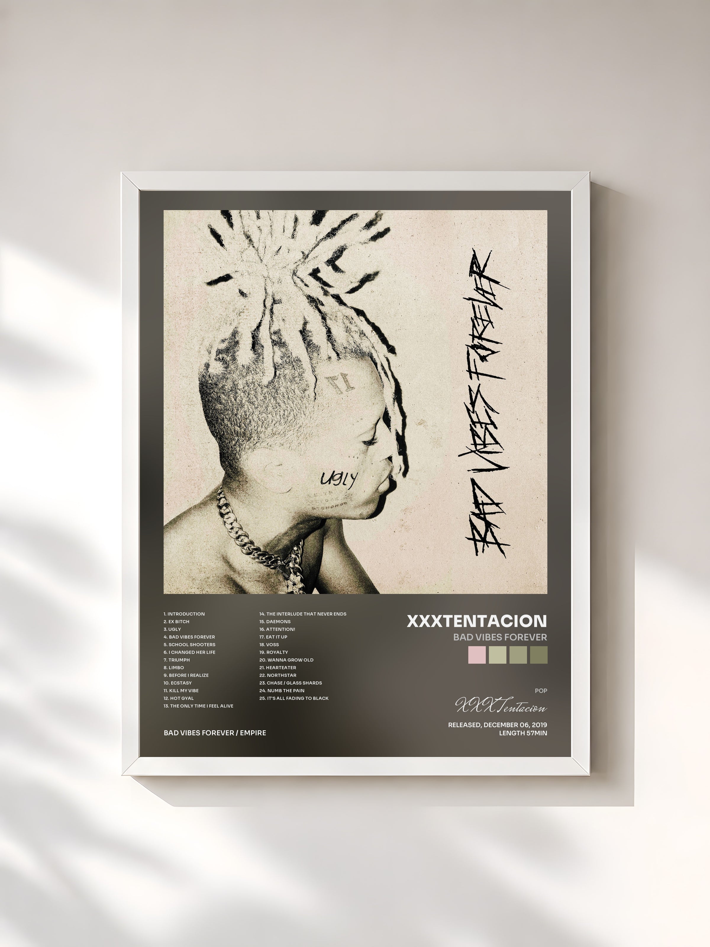 #blanc Tableau de l'album Bad Vibes Forever de XXXTentacion, cadre blanc, imprimé et encadré en France
