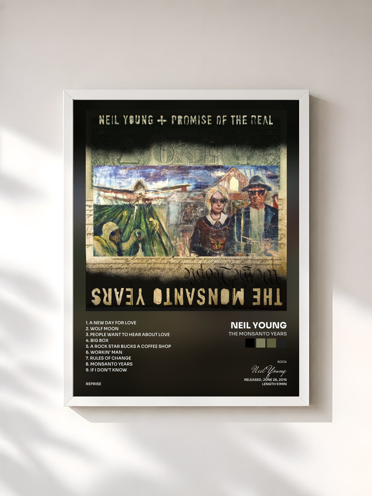 #blanc Tableau de l'album The Monsanto Years de Neil Young, cadre blanc, imprimé et encadré en France
