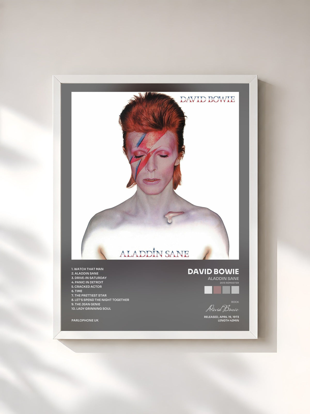 #blanc Tableau de l'album Aladdin Sane (2013 Remaster) de David Bowie, cadre blanc, imprimé et encadré en France