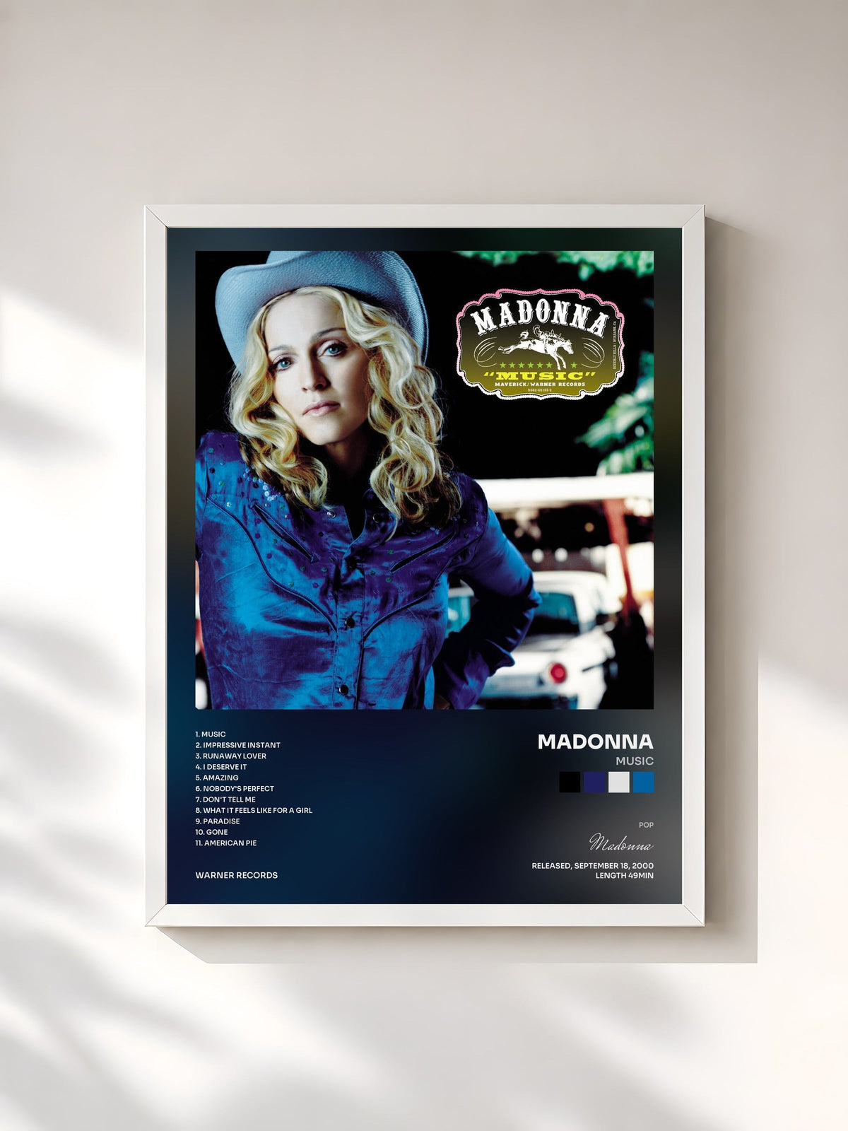 #blanc Tableau de l'album Music de Madonna, cadre blanc, imprimé et encadré en France