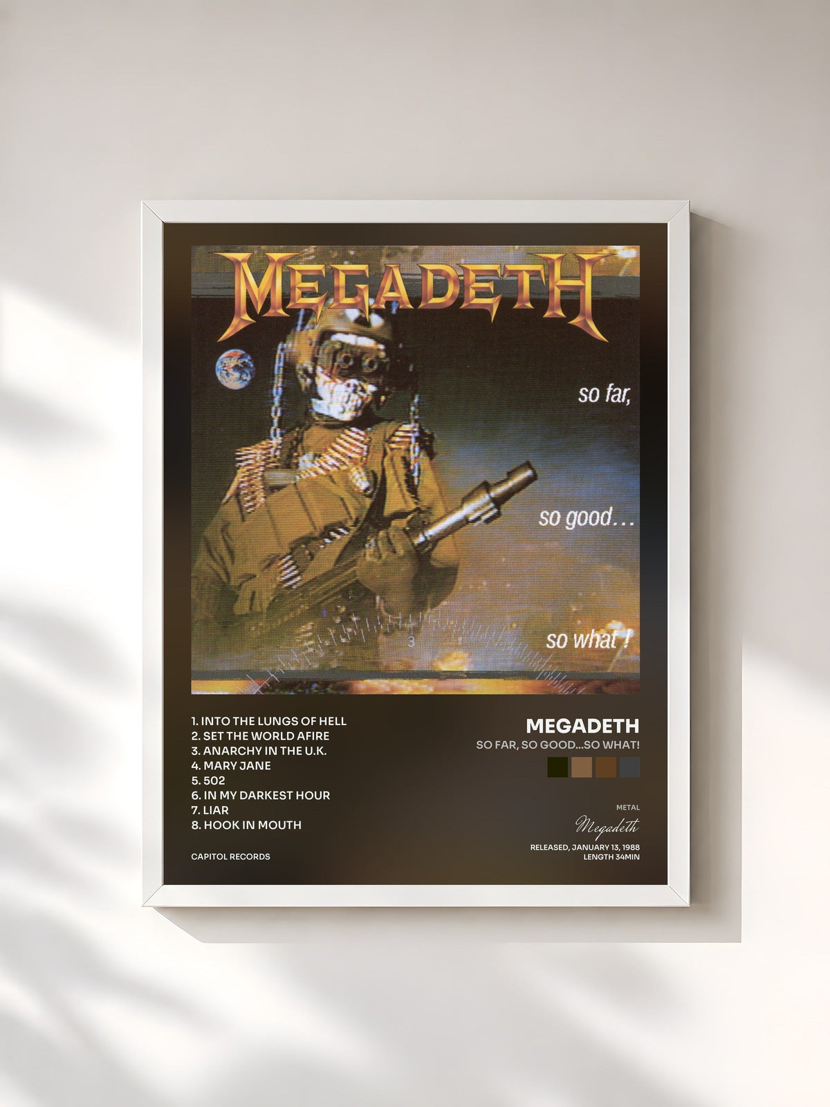 #blanc Tableau de l'album So Far, So Good...So What! de Megadeth, cadre blanc, imprimé et encadré en France