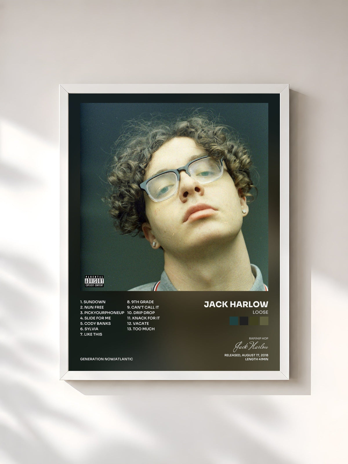 #blanc Loose de Jack Harlow en lámina enmarcada, marco blanco, impresa y enmarcada en Francia