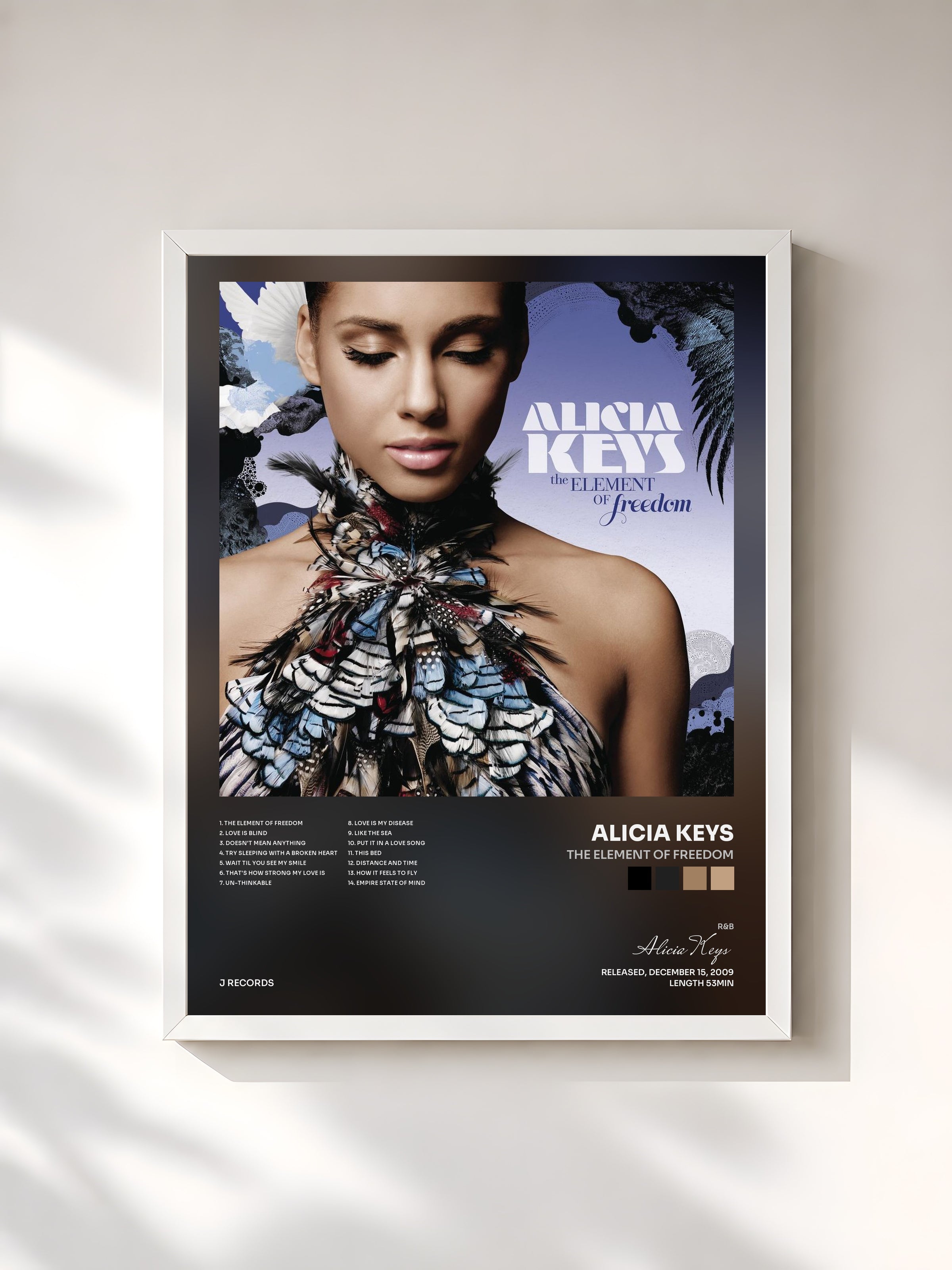 #blanc Tableau de l'album The Element Of Freedom de Alicia Keys, cadre blanc, imprimé et encadré en France