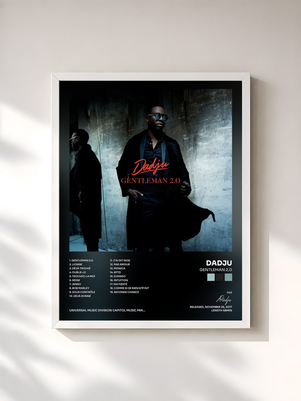 #blanc Tableau de l'album Gentleman 2.0 de Dadju, cadre blanc, imprimé et encadré en France