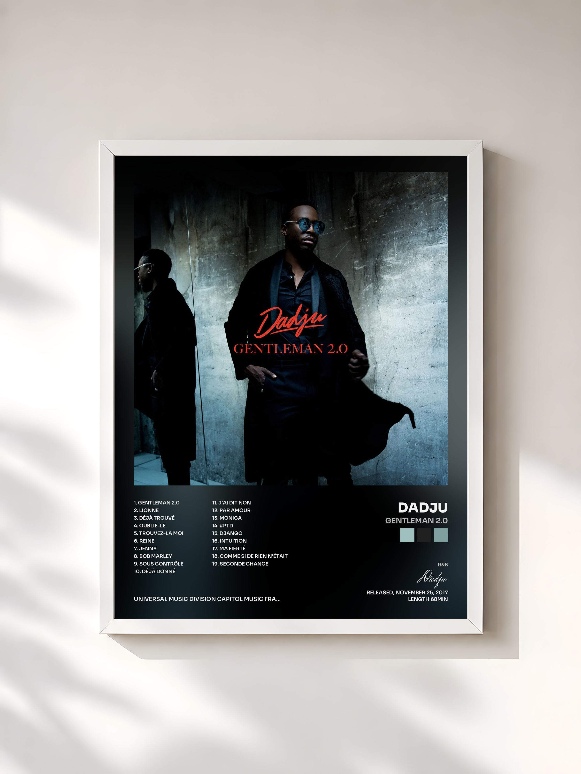 #blanc Tableau de l'album Gentleman 2.0 de Dadju, cadre blanc, imprimé et encadré en France