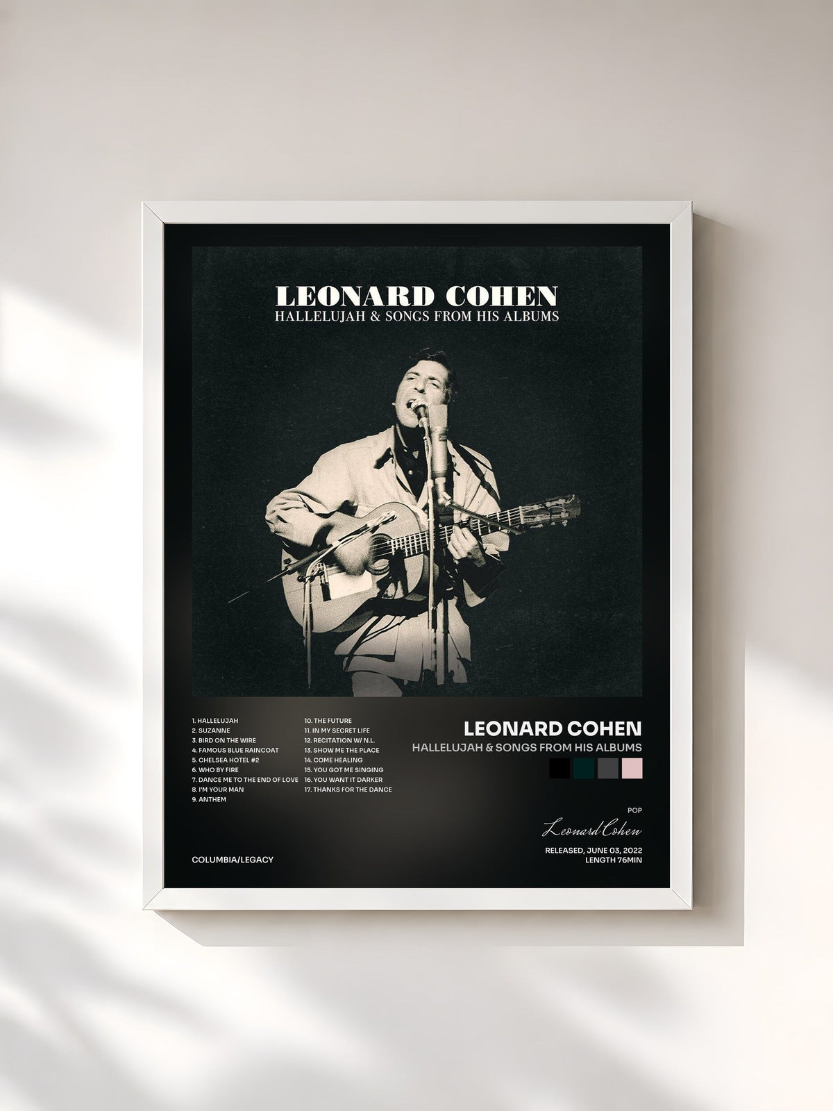 #blanc Tableau de l'album Hallelujah & Songs from His Albums de Leonard Cohen, cadre blanc, imprimé et encadré en France