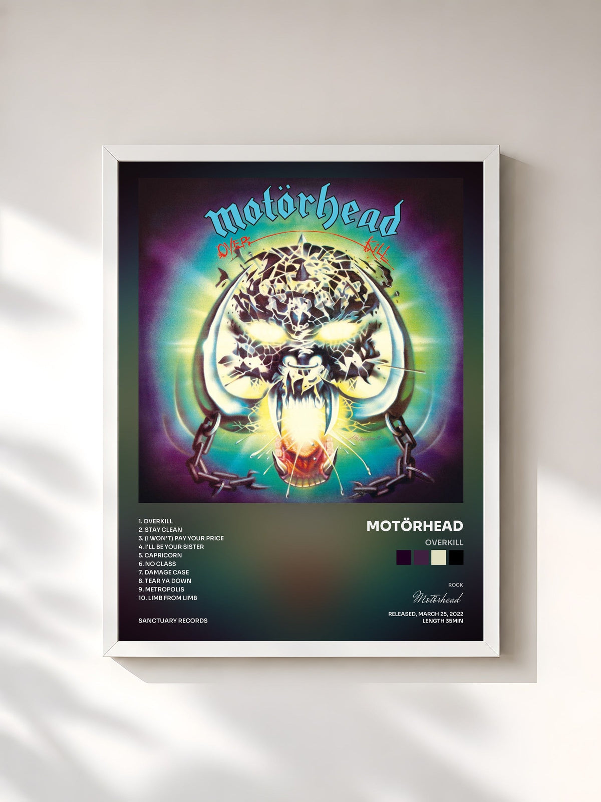 #blanc Tableau de l'album Overkill de Motörhead, cadre blanc, imprimé et encadré en France
