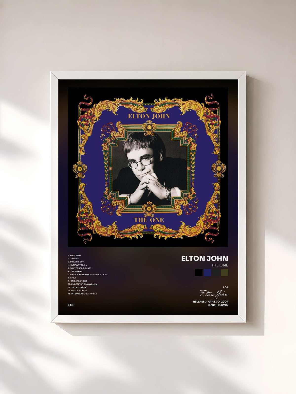 #blanc Tableau de l'album The One de Elton John, cadre blanc, imprimé et encadré en France