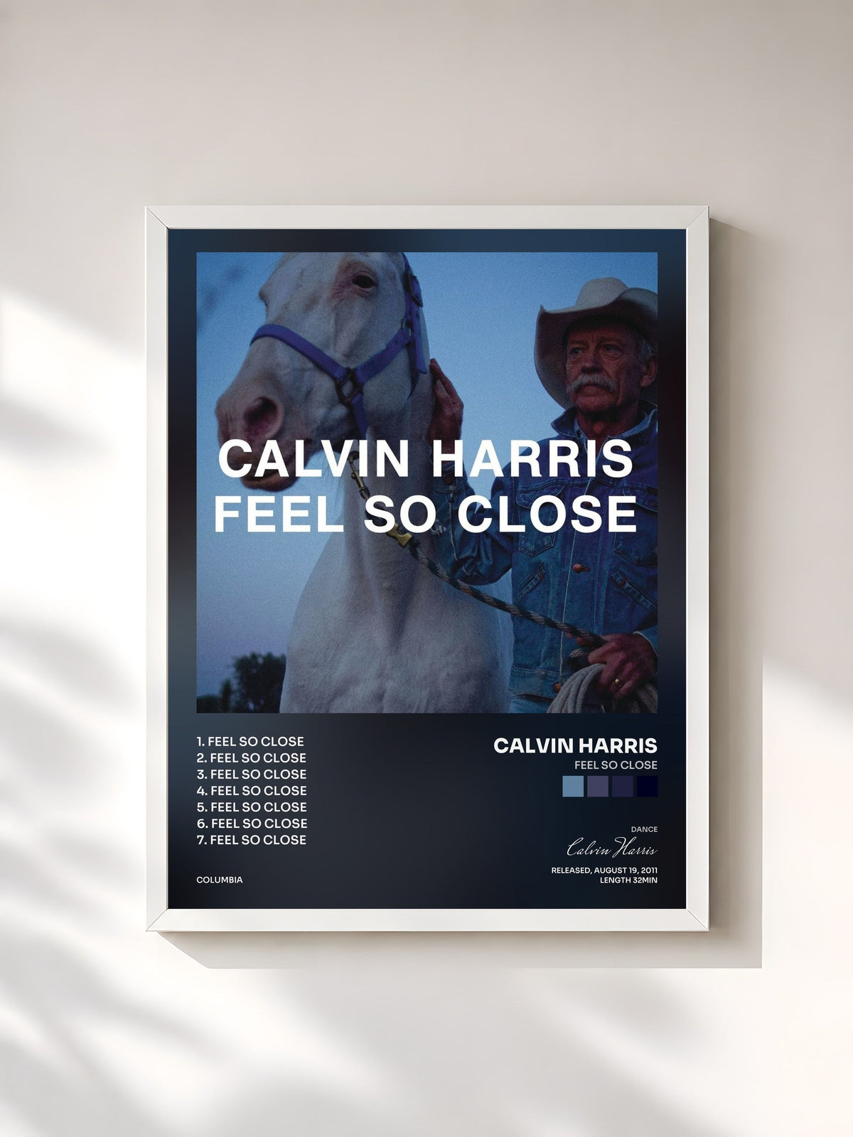 #blanc Tableau de l'album Feel So Close de Calvin Harris, cadre blanc, imprimé et encadré en France