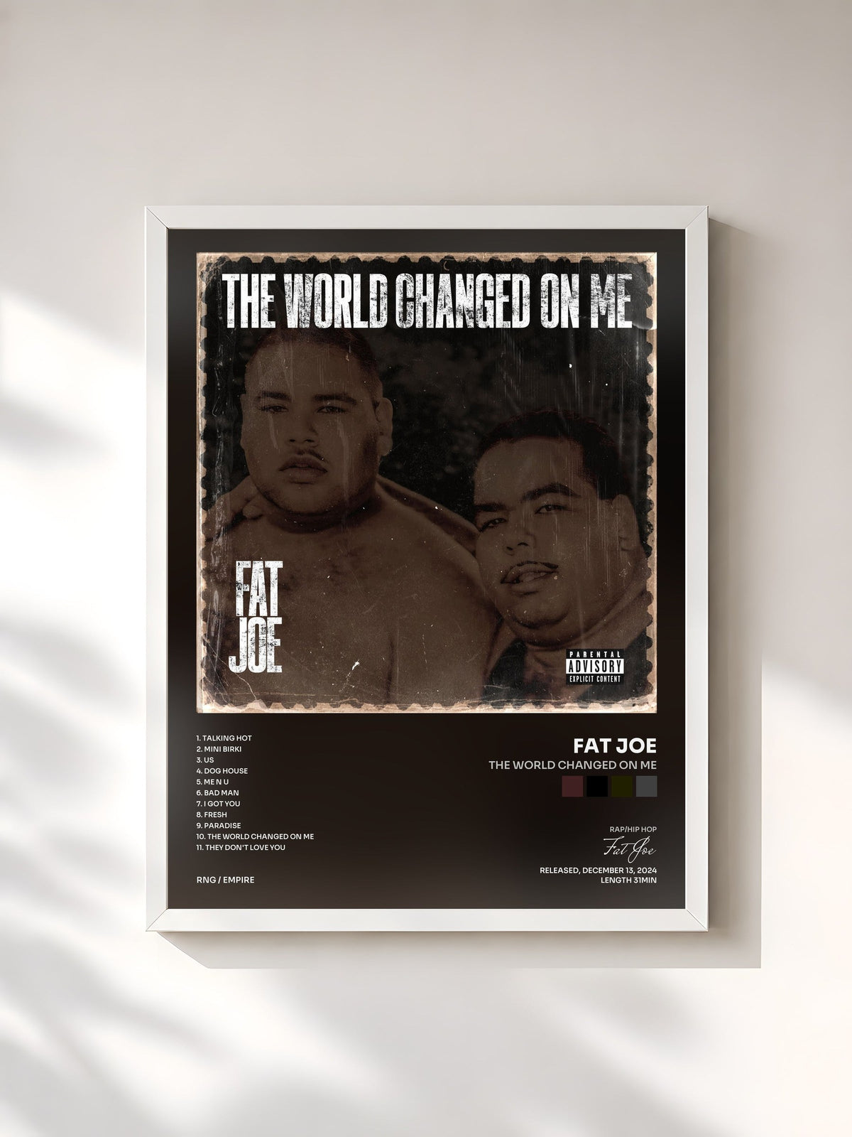 #blanc Tableau de l'album The World Changed On Me de Fat Joe, cadre blanc, imprimé et encadré en France