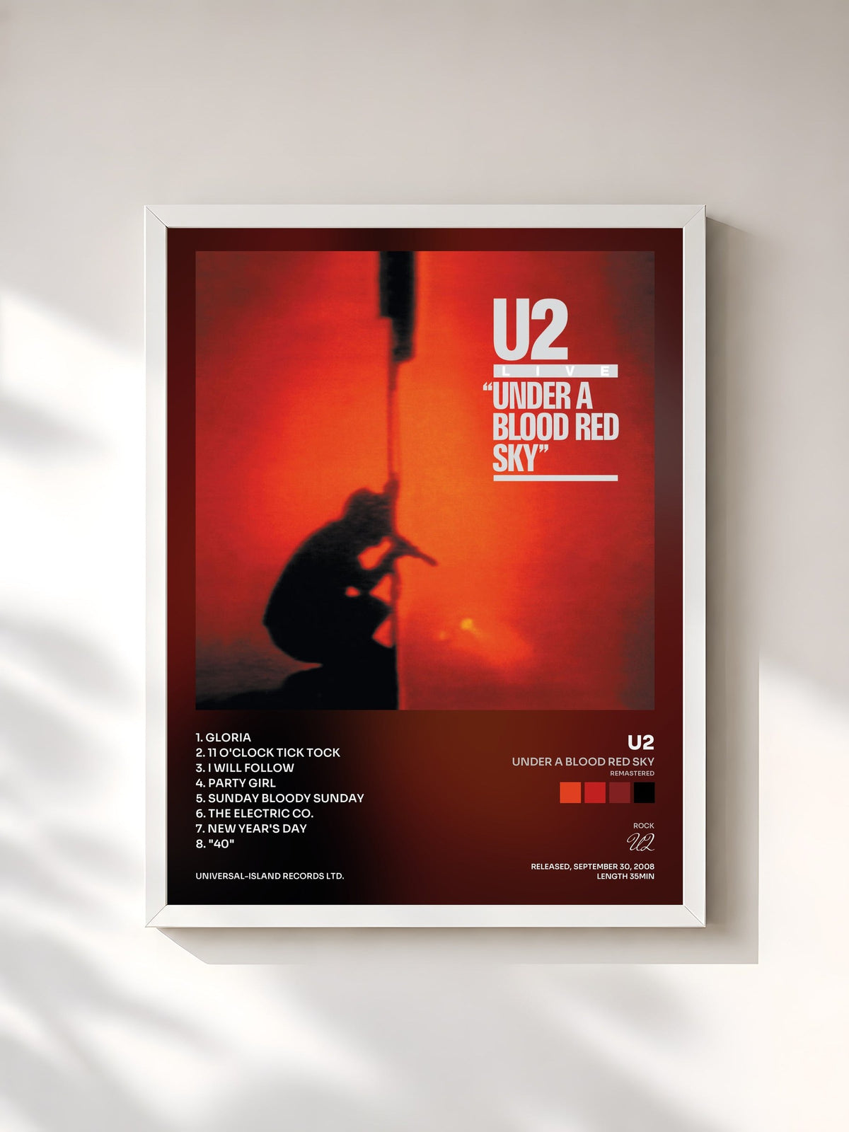 #blanc Tableau de l'album Under A Blood Red Sky (Remastered) de U2, cadre blanc, imprimé et encadré en France