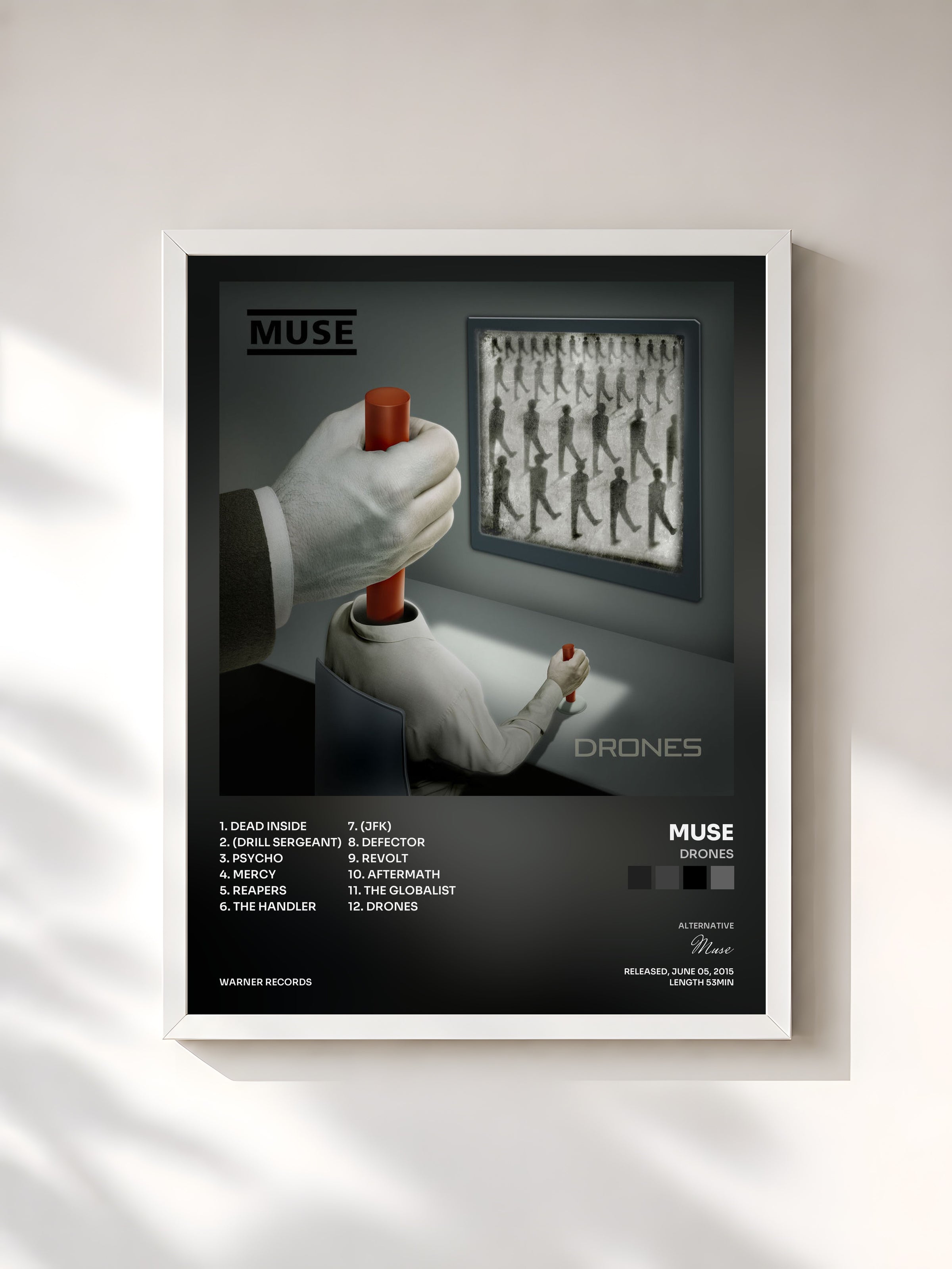 #blanc Tableau de l'album Drones de Muse, cadre blanc, imprimé et encadré en France