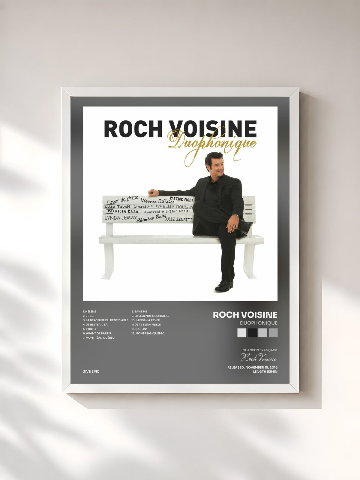 #blanc Tableau de l'album Duophonique de Roch Voisine, cadre blanc, imprimé et encadré en France