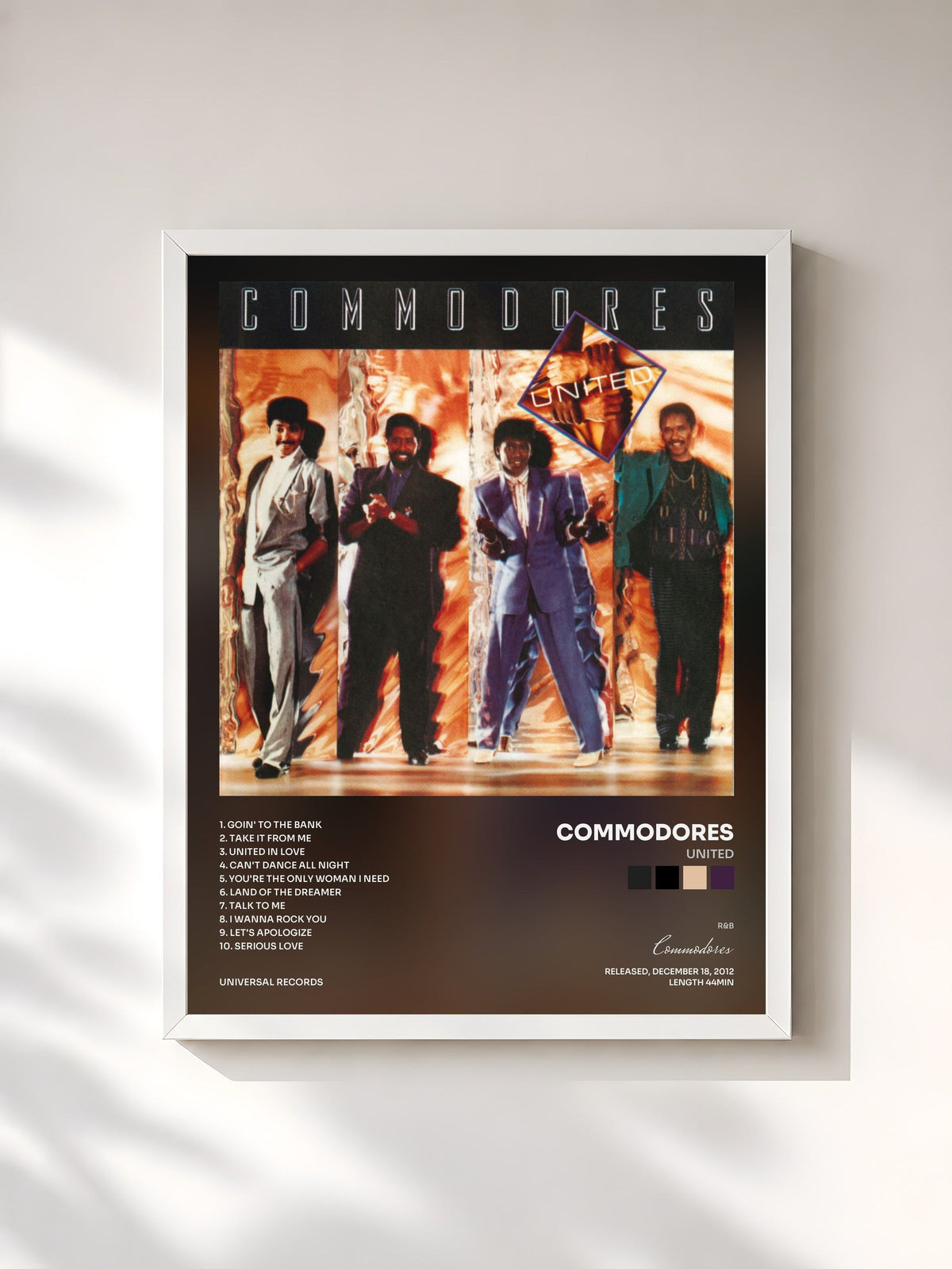#blanc Tableau de l'album United de Commodores, cadre blanc, imprimé et encadré en France