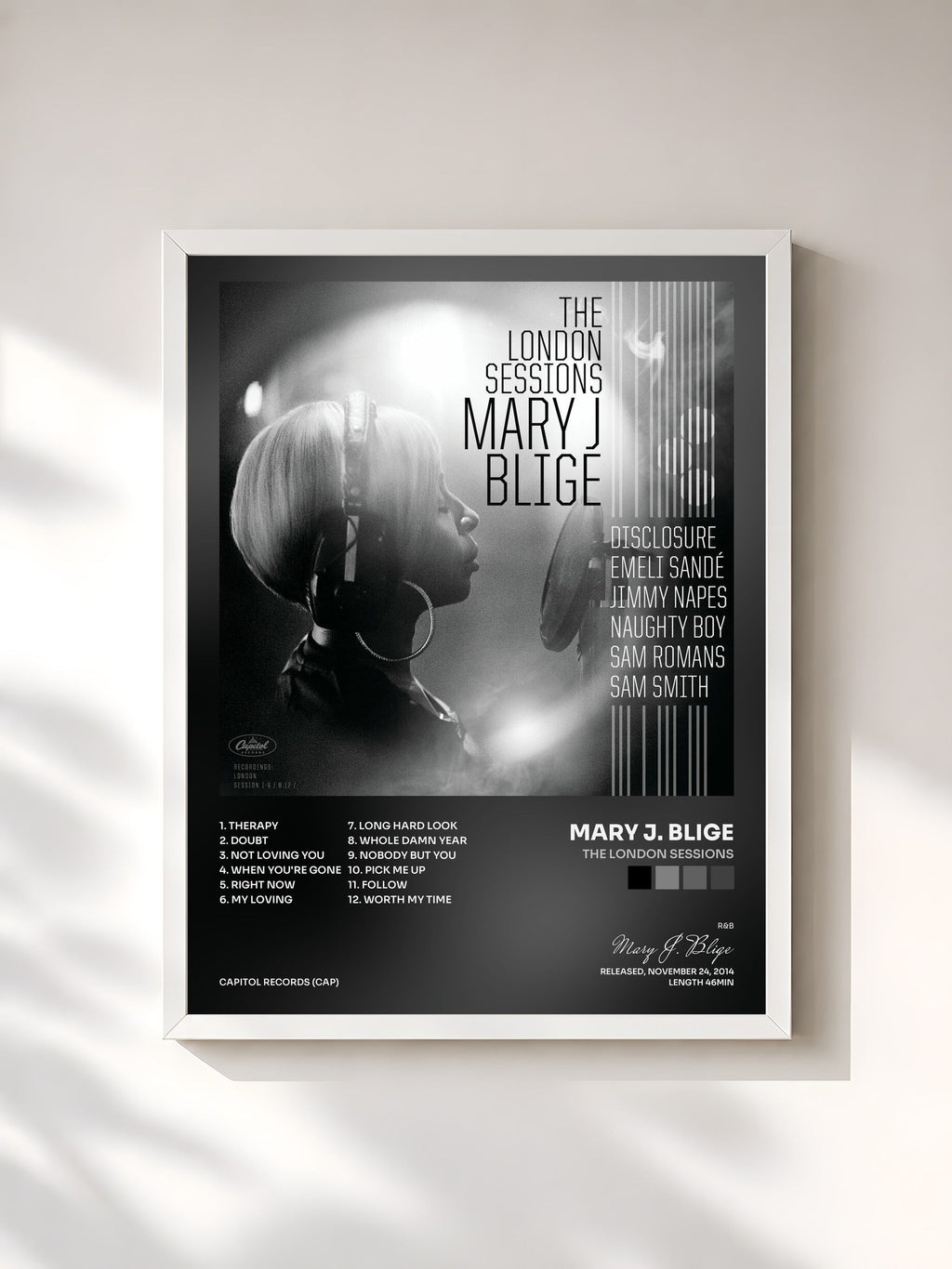#blanc Tableau de l'album The London Sessions de Mary J. Blige, cadre blanc, imprimé et encadré en France