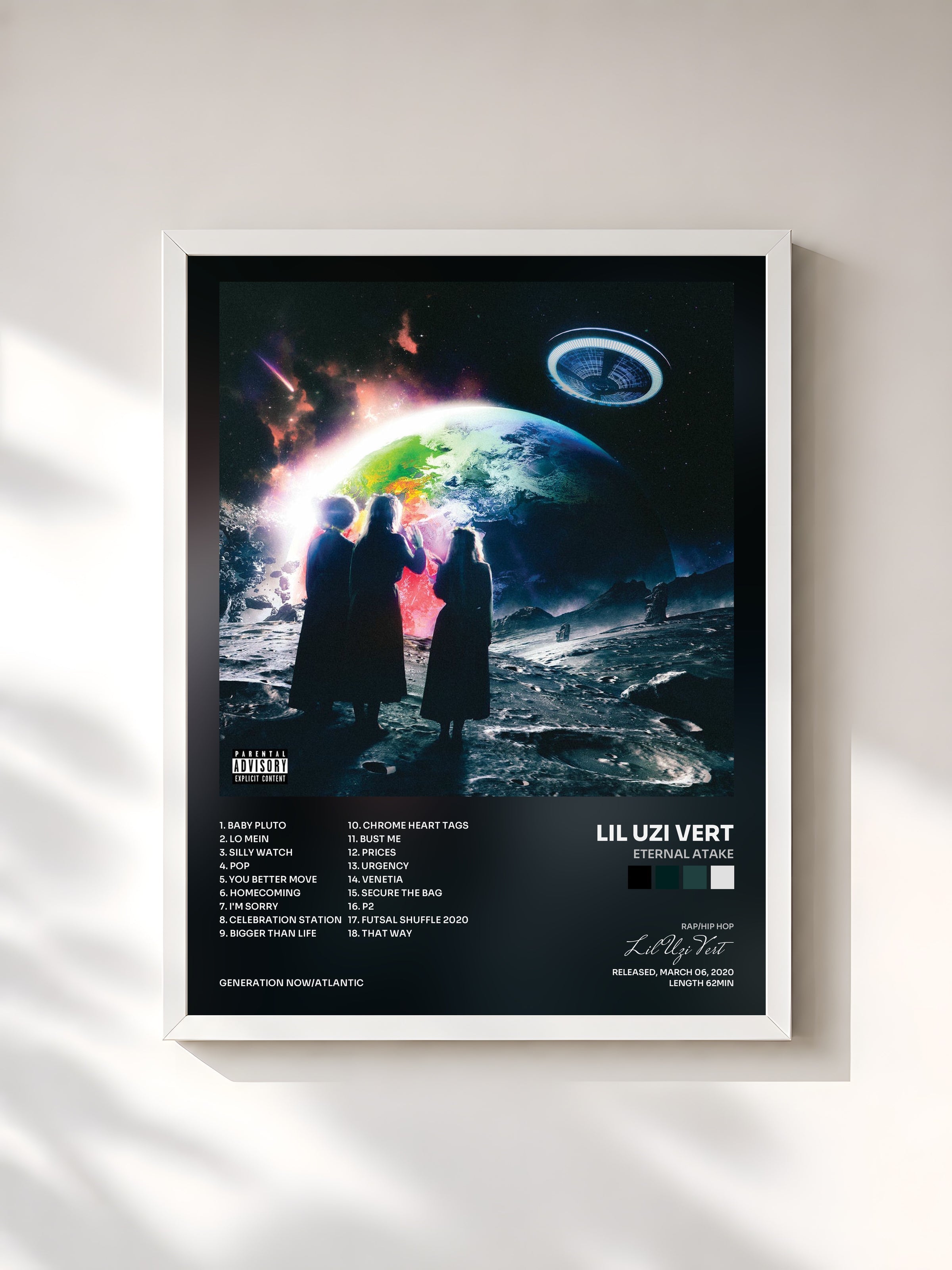 #blanc Tableau de l'album Eternal Atake de Lil Uzi Vert, cadre blanc, imprimé et encadré en France