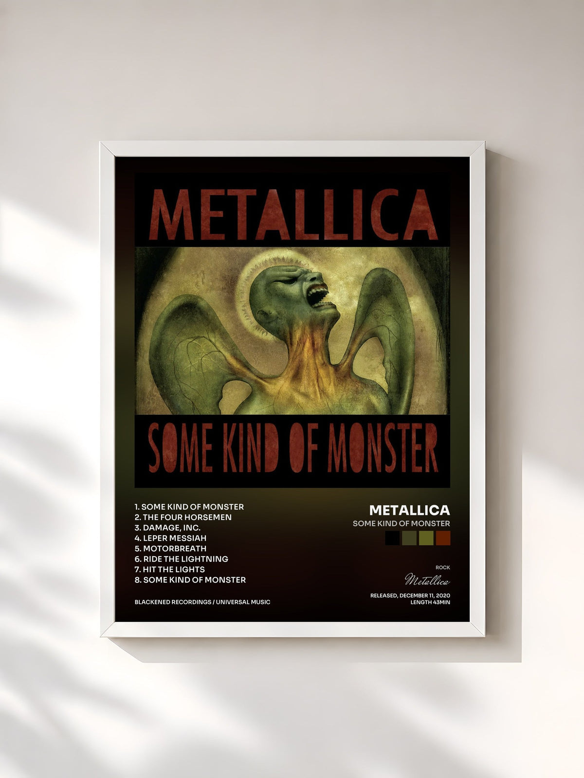 #blanc Tableau de l'album Some Kind Of Monster de Metallica, cadre blanc, imprimé et encadré en France