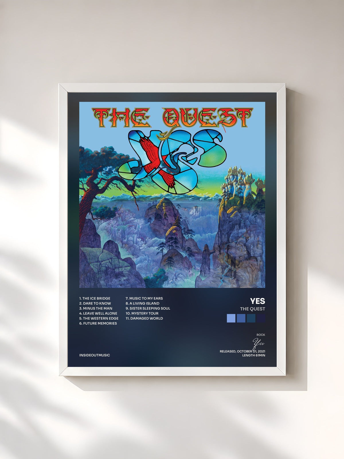 #blanc The Quest de Yes en lámina enmarcada, marco blanco, impresa y enmarcada en Francia