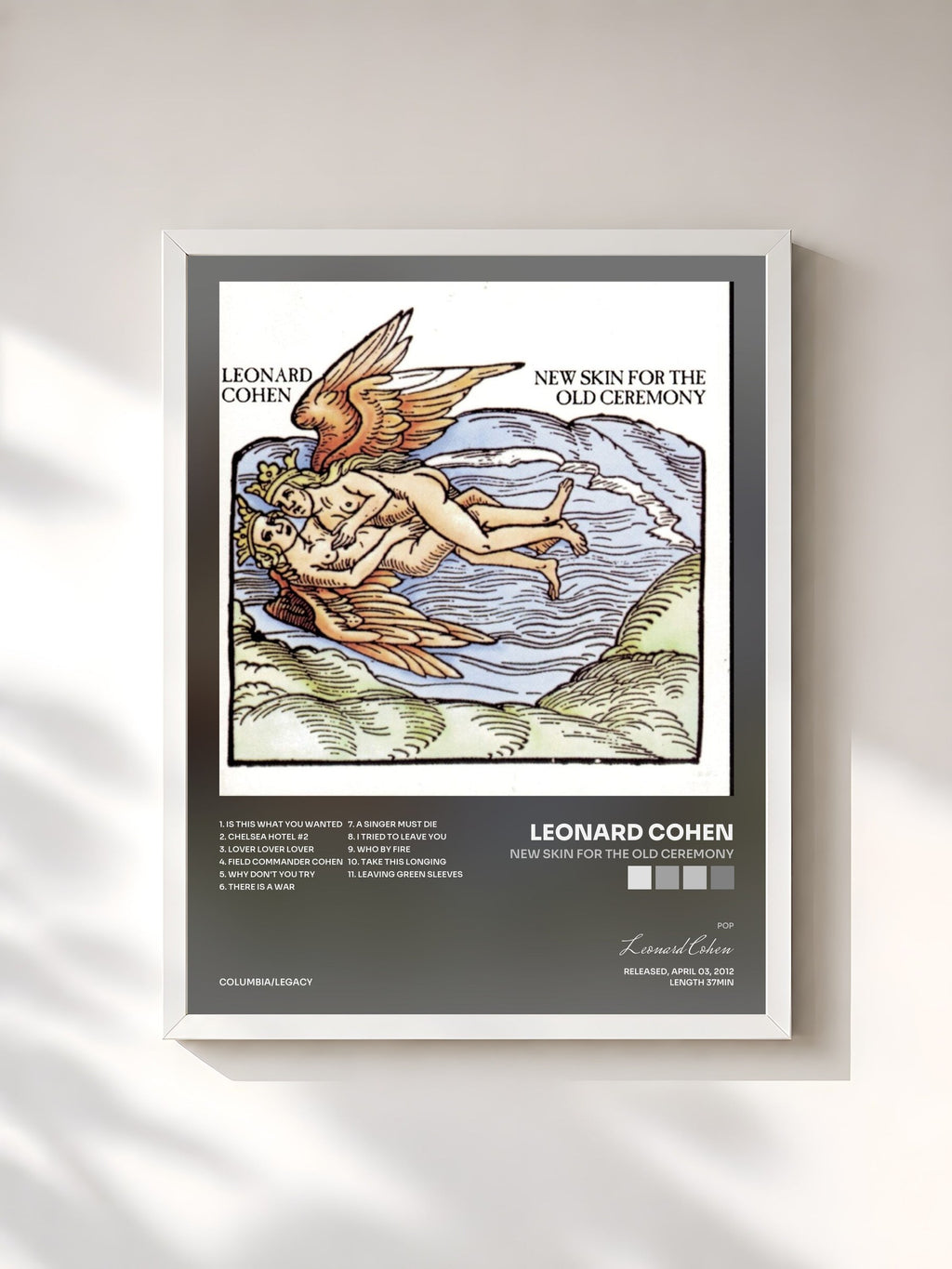 #blanc Tableau de l'album New Skin For The Old Ceremony de Leonard Cohen, cadre blanc, imprimé et encadré en France