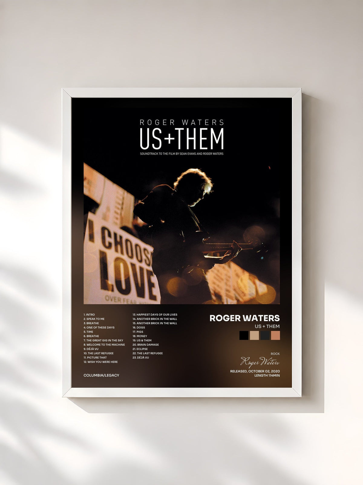 #blanc Tableau de l'album Us + Them de Roger Waters, cadre blanc, imprimé et encadré en France