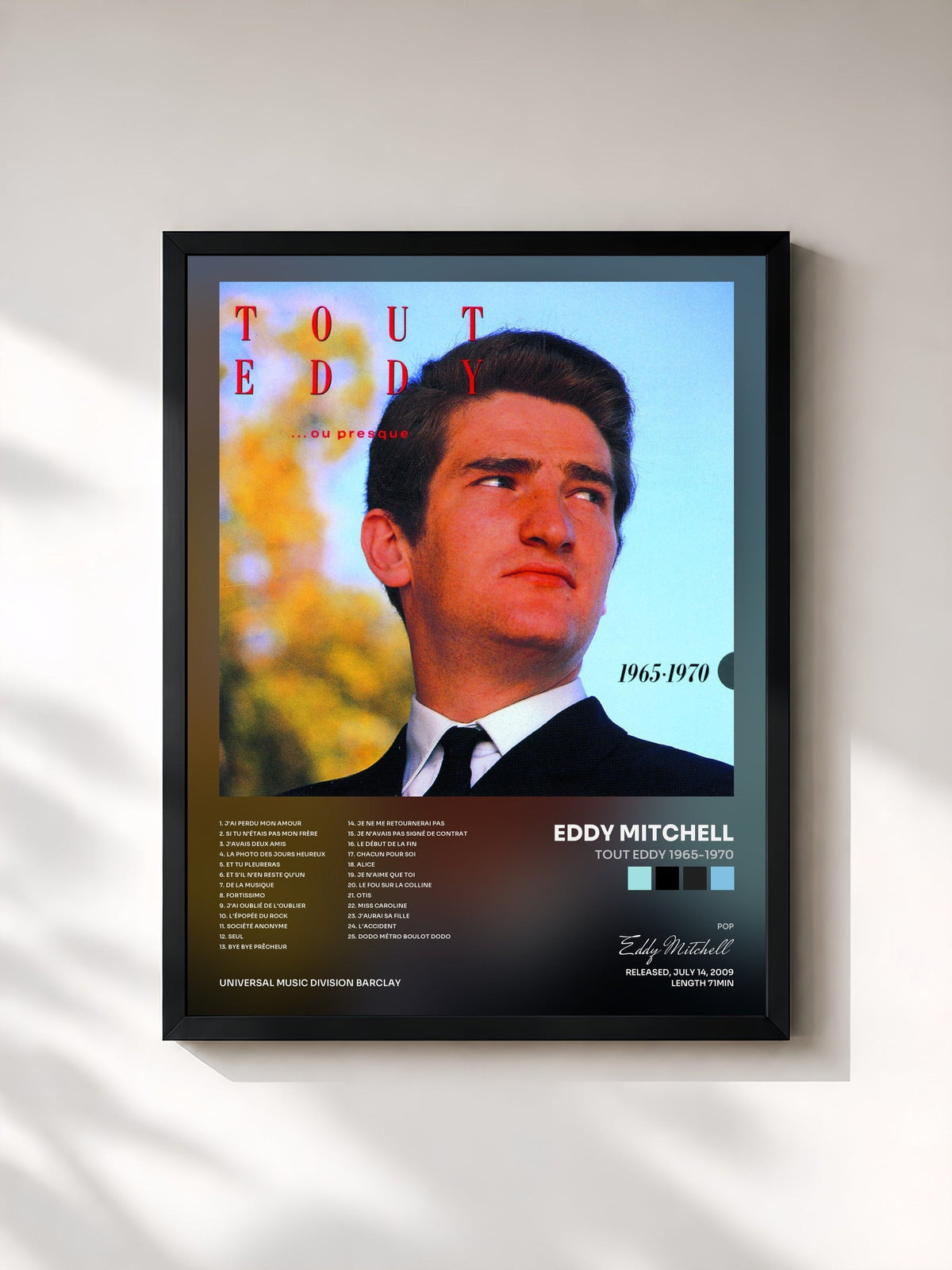#noir Tableau de l'album Tout Eddy 1965-1970 de Eddy Mitchell, cadre noir, imprimé et encadré en France