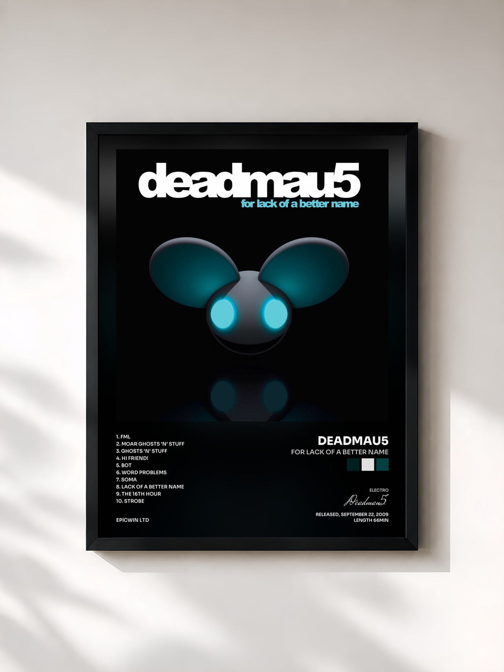 #noir Tableau de l'album For Lack of a Better Name de Deadmau5, cadre noir, imprimé et encadré en France